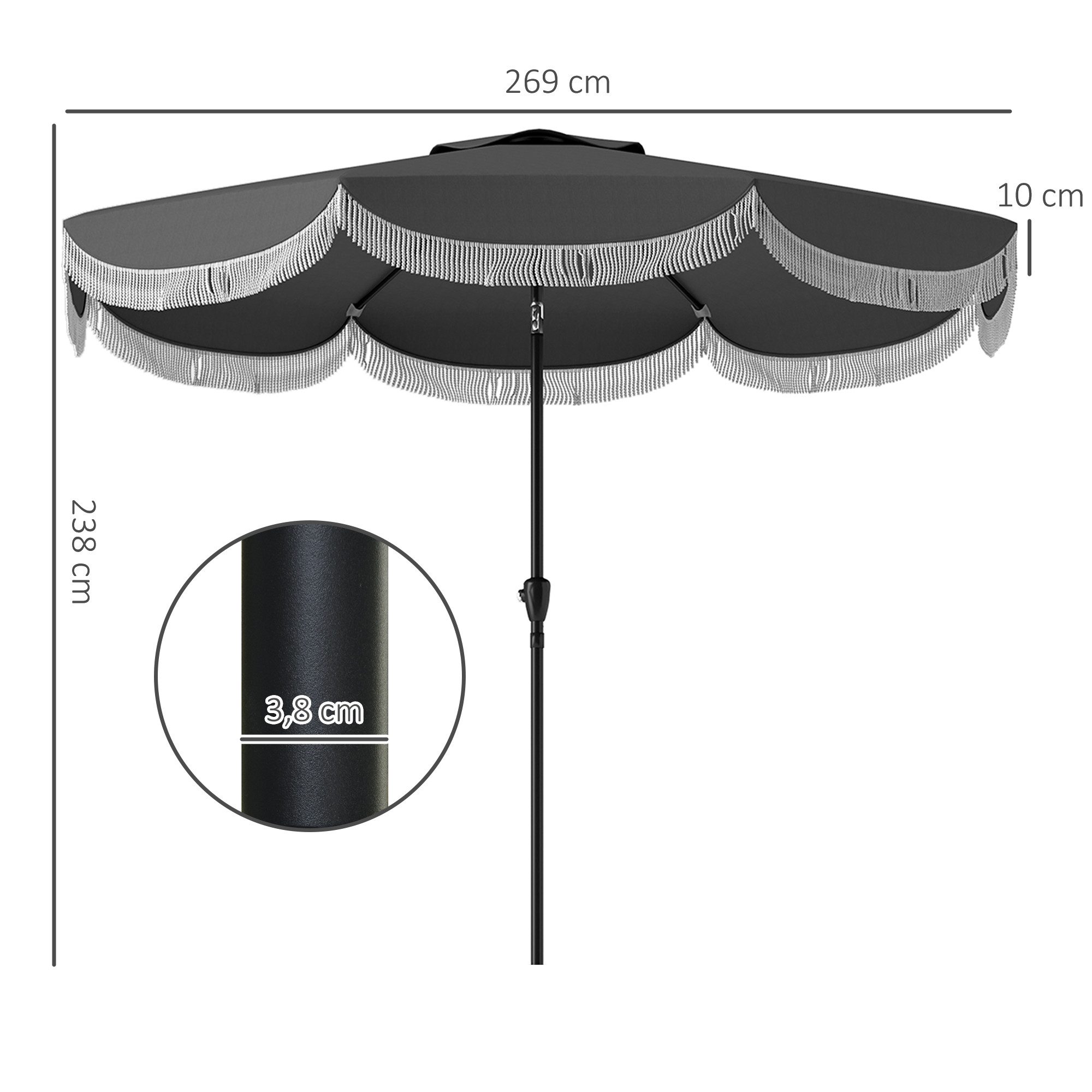 Outsunny Sonnenschirm Ø269 cm, UV 30+, achteckig, LxB: 269x269 cm, Gartensonnenschirm, Neigbarer Outdoor-Sonnenschirm, Sonnenschutz für Strand, Balkon, Garten, Dunkelgrau