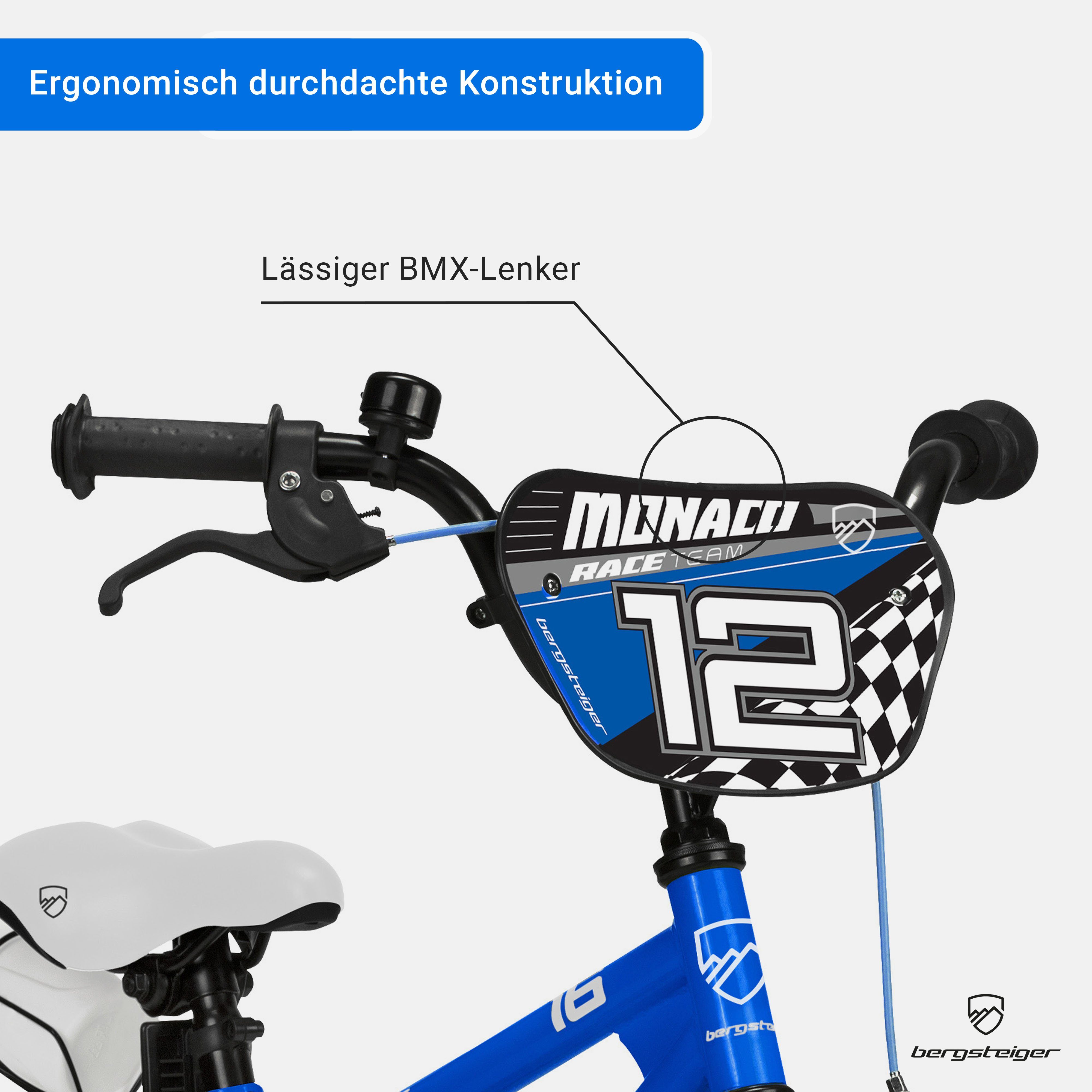 bergsteiger Kinderfahrrad Monaco 12 Zoll, geeignet für 3 und 4 Jahre, BMX, 1 Gang, V-Brakes, Trinkflasche – Bild 4 von 5