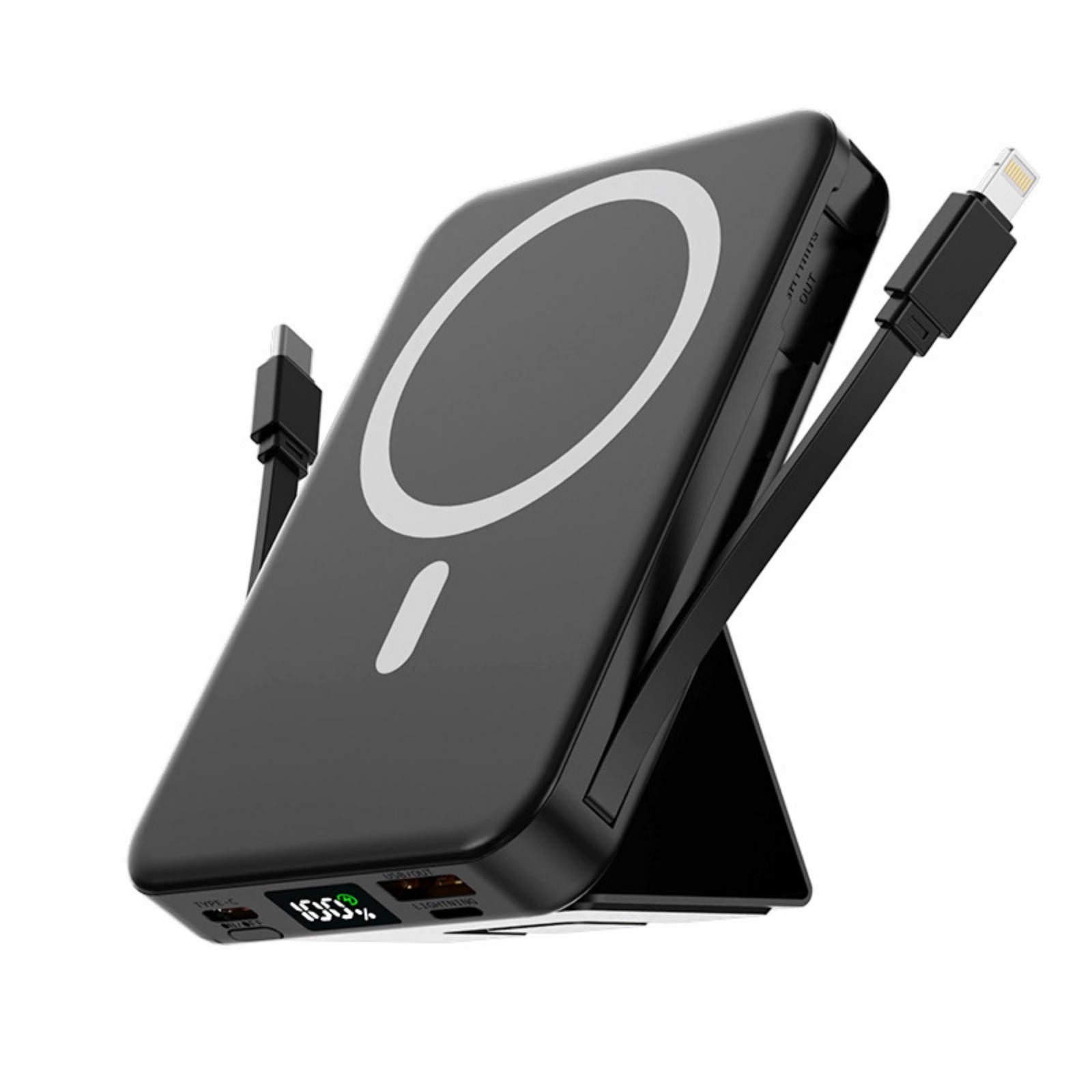 AIBISTAR 10000mAh Magnetisch MagSafe Powerbank mit 2 Kabel Klappständer LED Powerbank Magnet-Powerbank 10000 mAh, Magnetisches Wireless Charging,Kompatibel mit iPhone 12-17