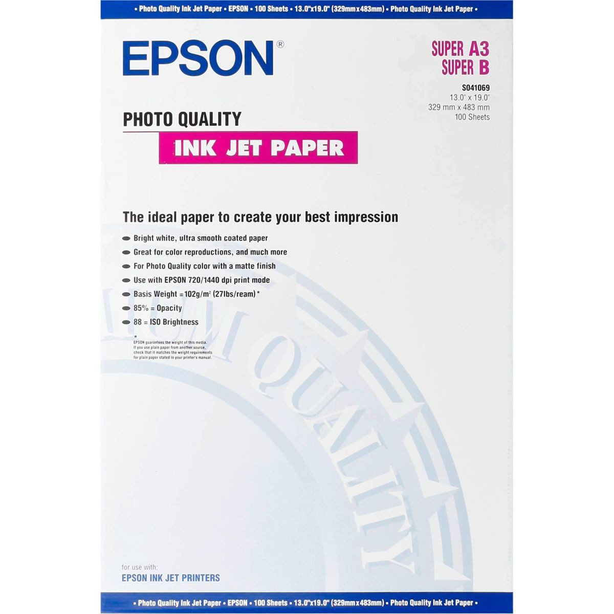Epson Druckerpapier Photo Quality Inkjet Paper A 3+, 100 Blatt, 105 g