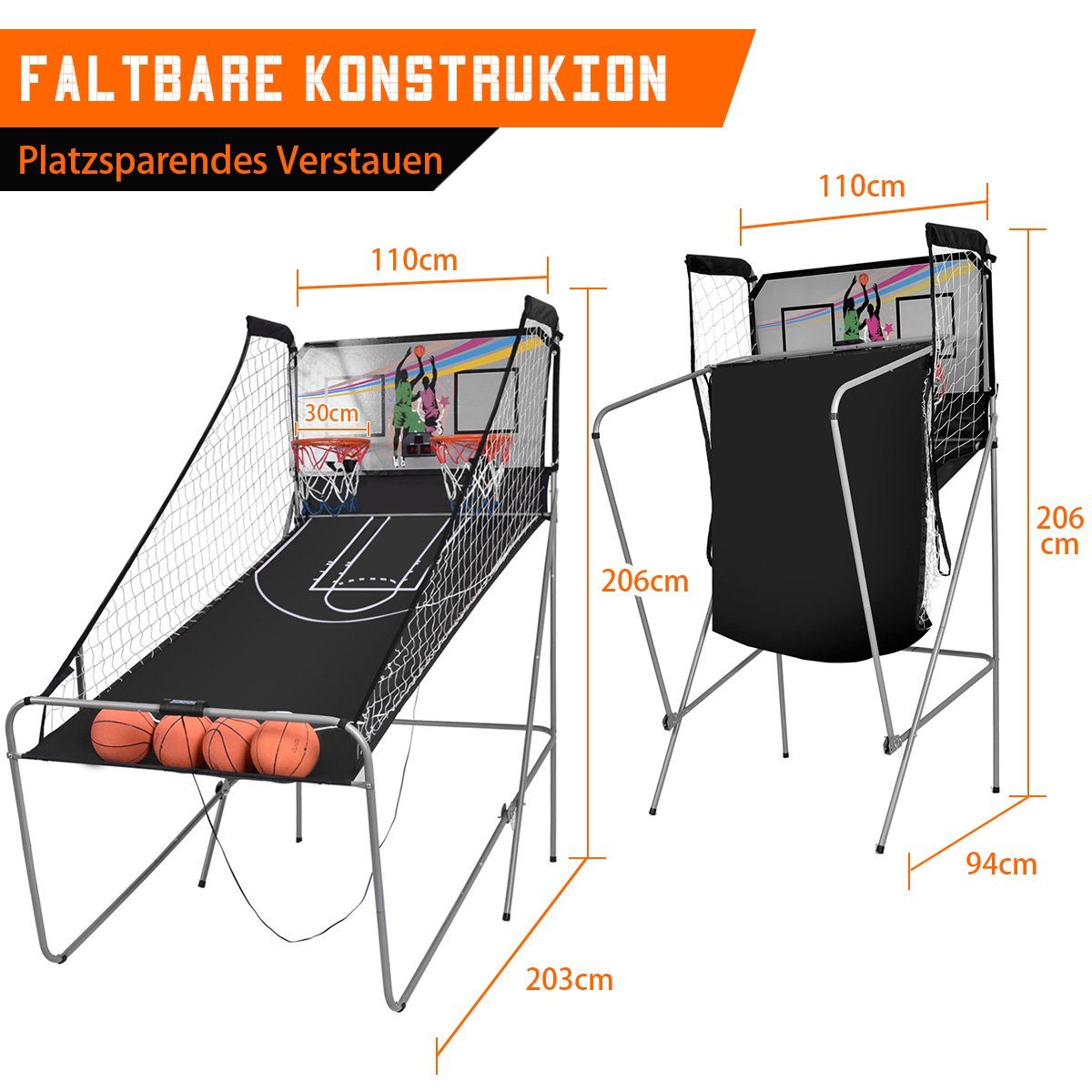COSTWAY Basketballkorb Arcade-Basketballspiel, inkl. 4 Bällen, klappbar