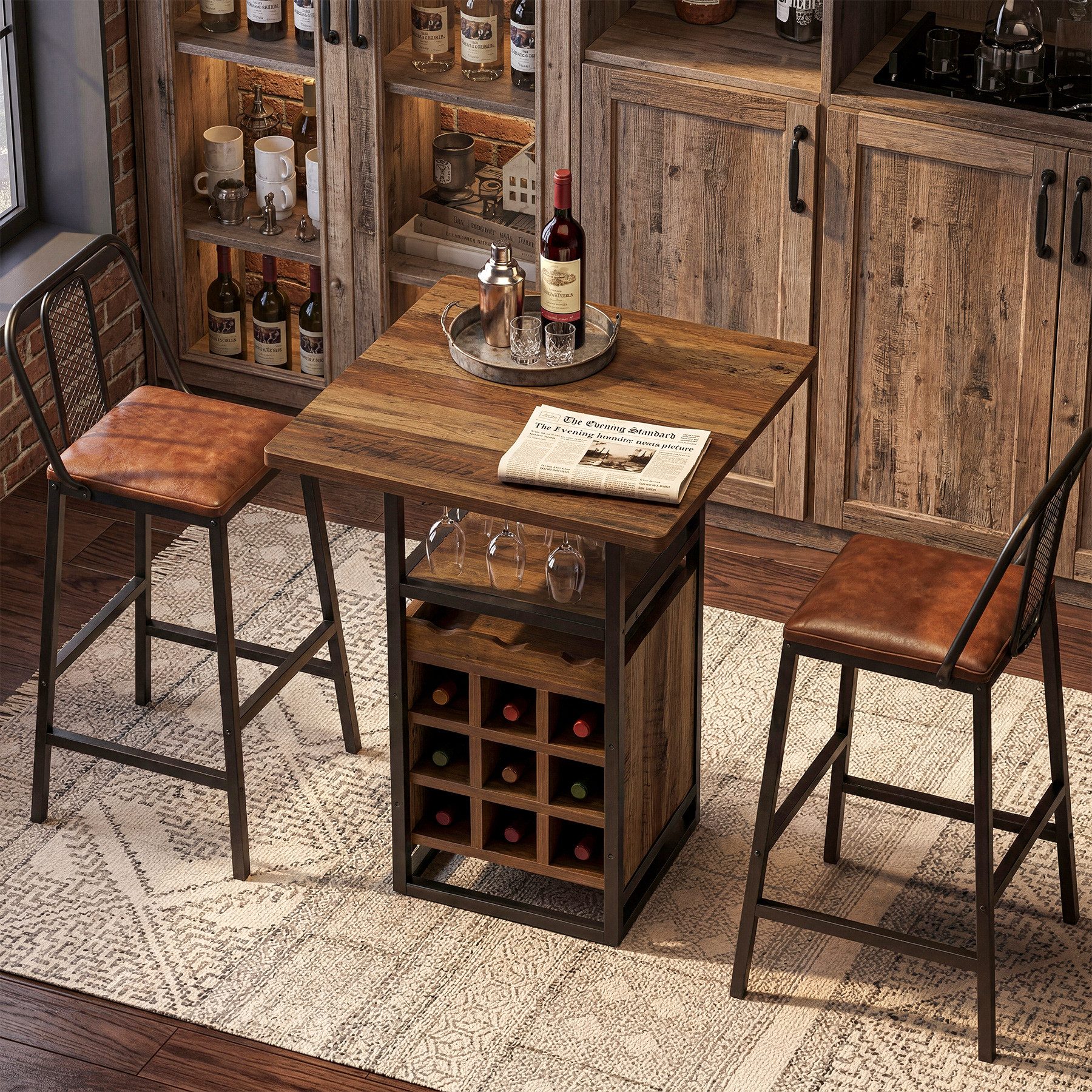 Tribesigns Bartisch 95cm hoher quadratischer Weinschrank, Bistrotisch mit Glashalter