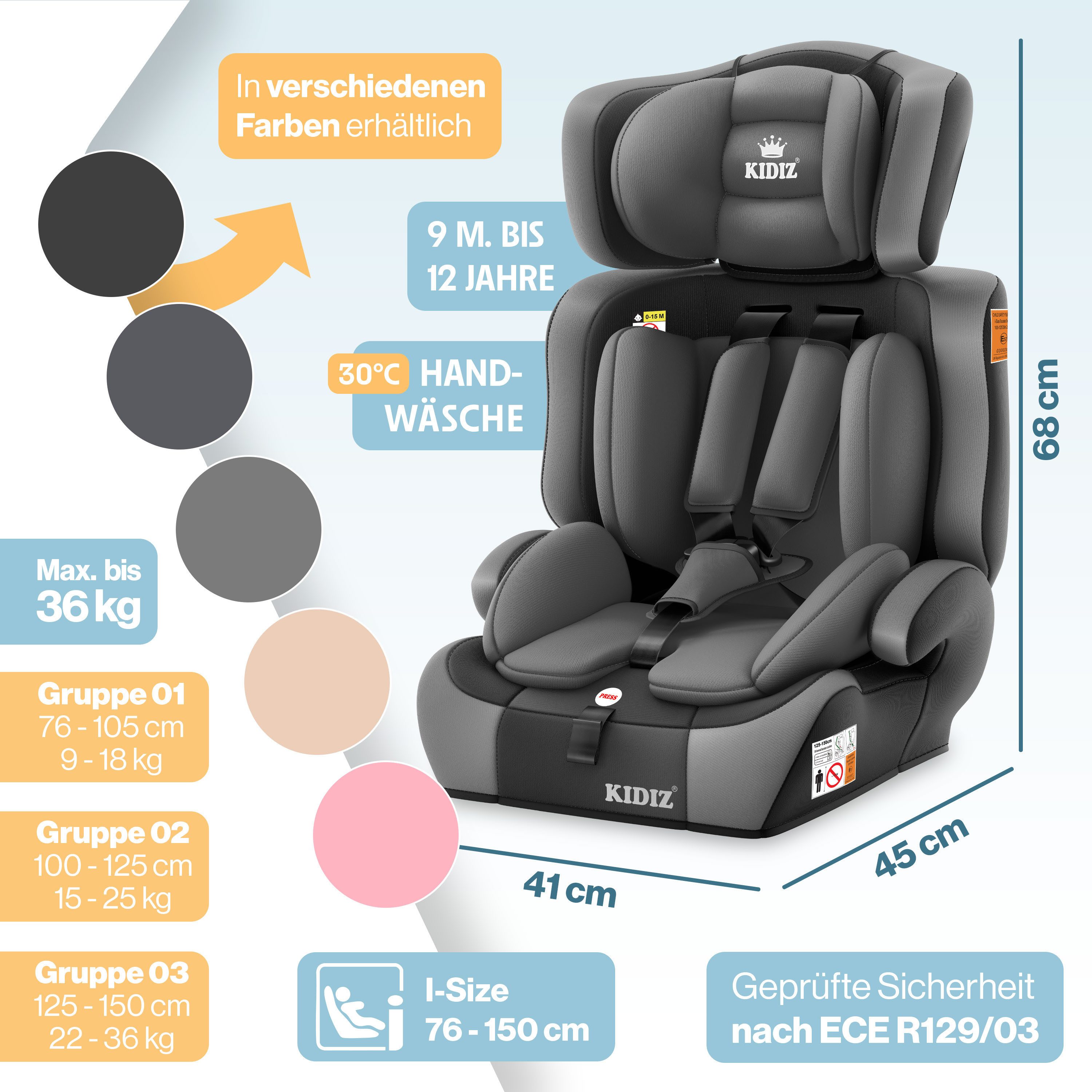 KIDIZ Autokindersitz, Autokindersitz Kinderautositz Gruppe 1+2+3 9-36 kg 5-Punkt