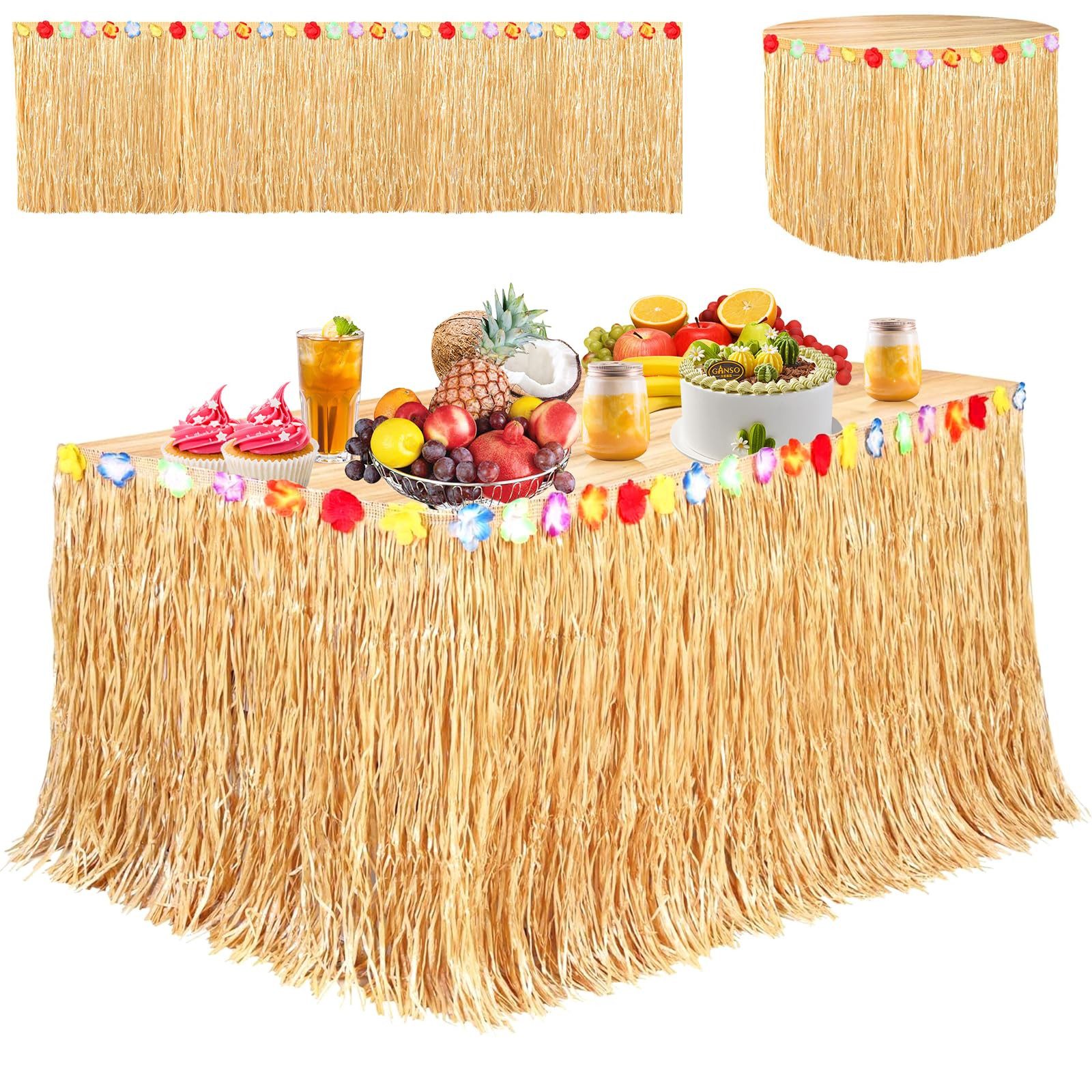 FOUORTUNATE-BEE Tischdecke Hawaii Tischrock 300x75 cm Party Deko mit Blumen und Klettband, Für Gartenparty Strandparty Geburtstag Poolparty und Hochzeit