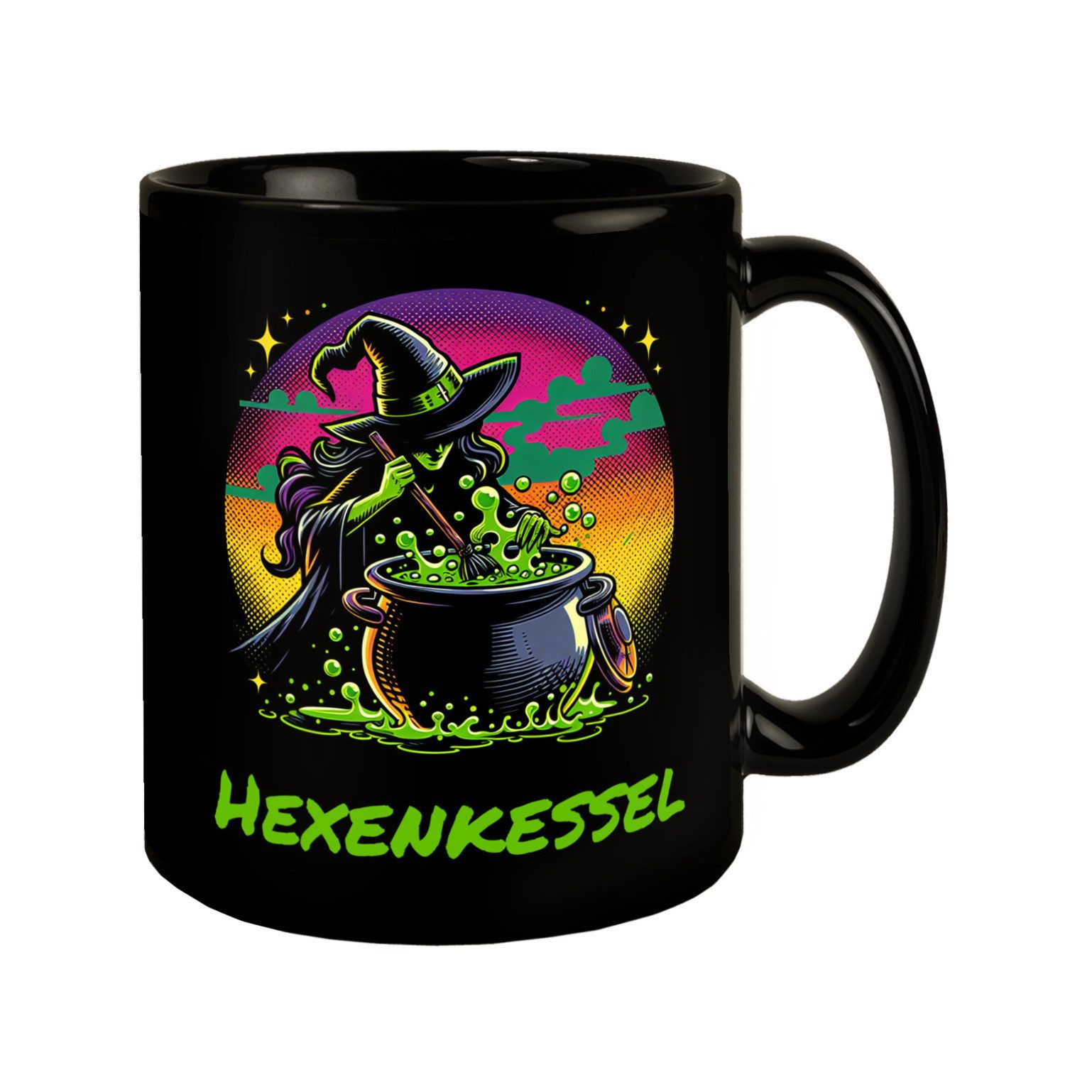 Tasse Hexe Tasse in Schwarz mit Spruch Hexenkessel