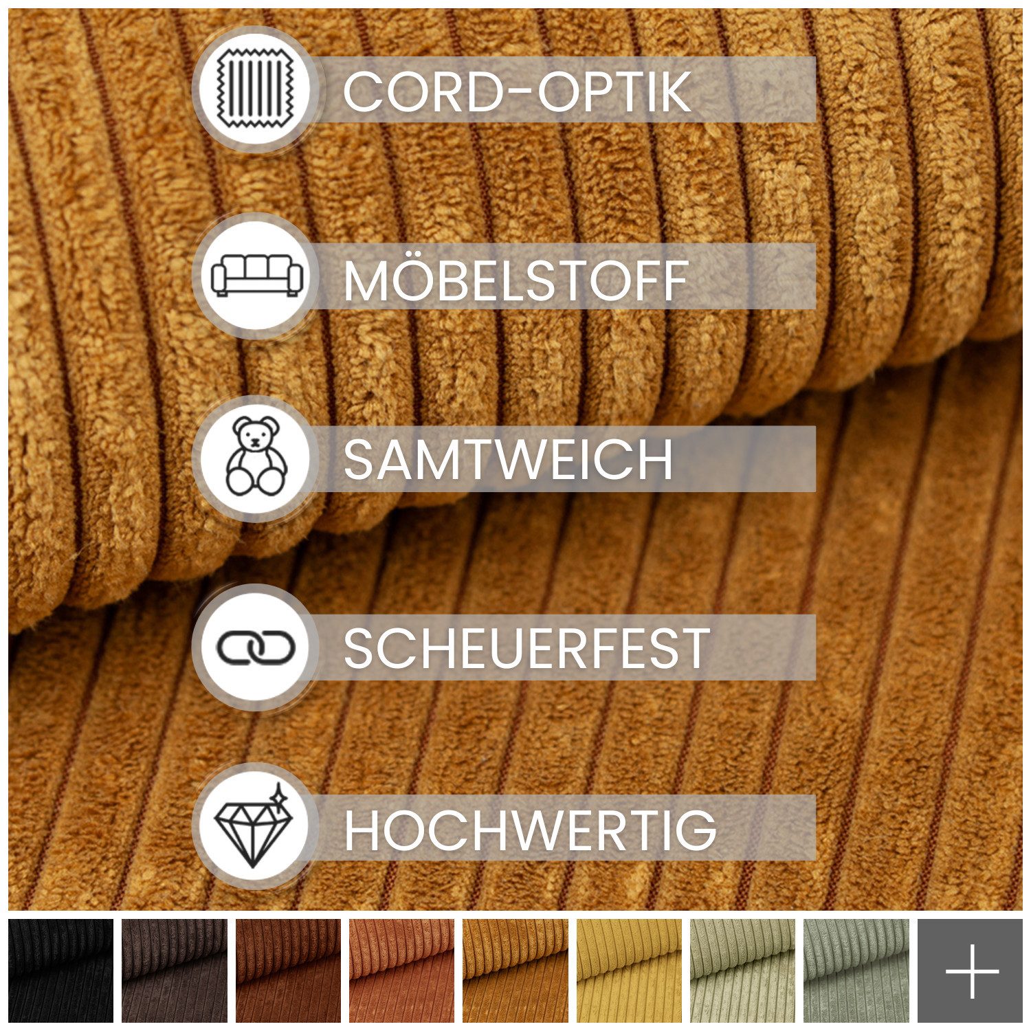 novely® Stoff PORTO - Polsterstoff in Breitcord-Optik - Ultraweicher Möbelstoff, Samtige Haptik, Reißfest, Fusselfrei, Robust, Meterware, 1lfm