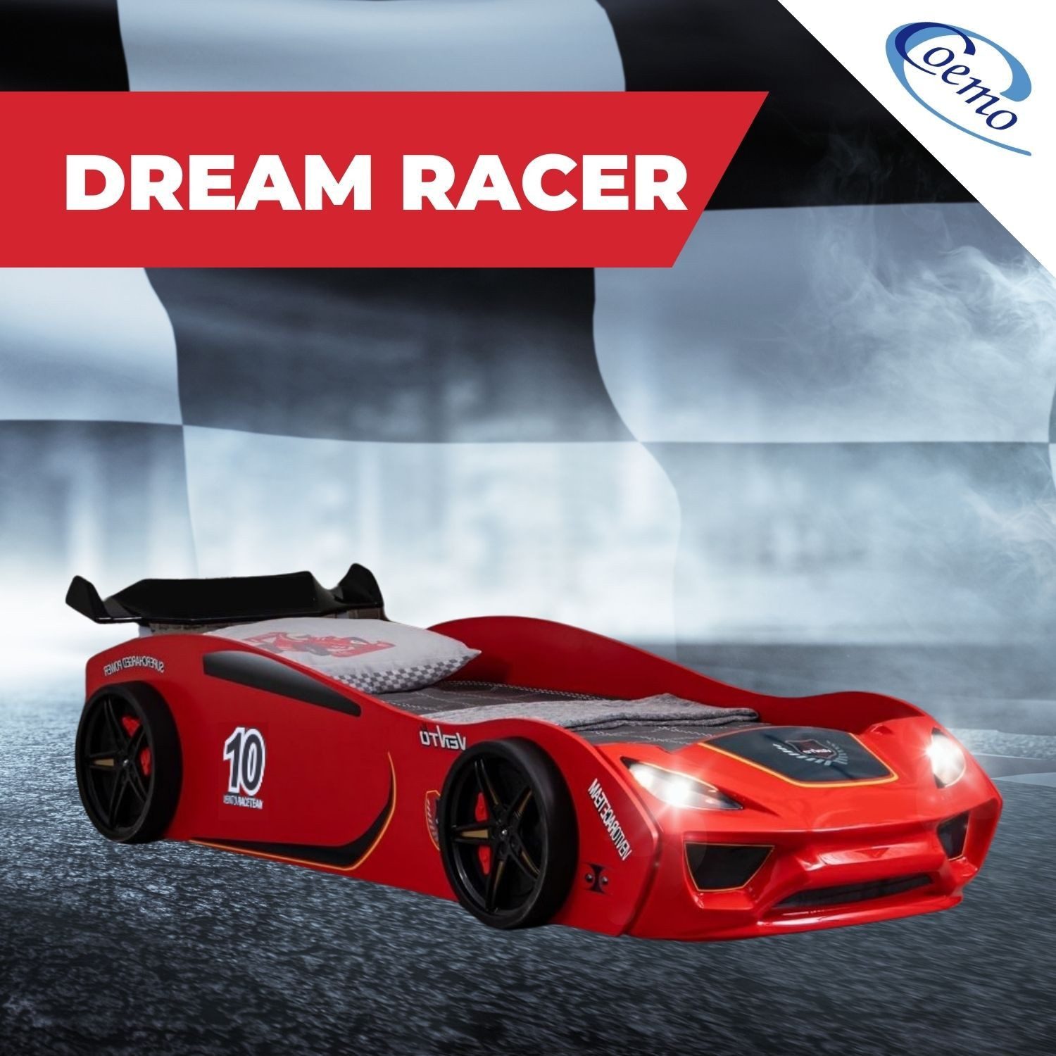 Coemo Autobett DREAM RACER (Spielbett mit Spoiler), Rot Kinderbett 90x200 Rennwagen inkl. Lattenrost LED-Licht Spielbett