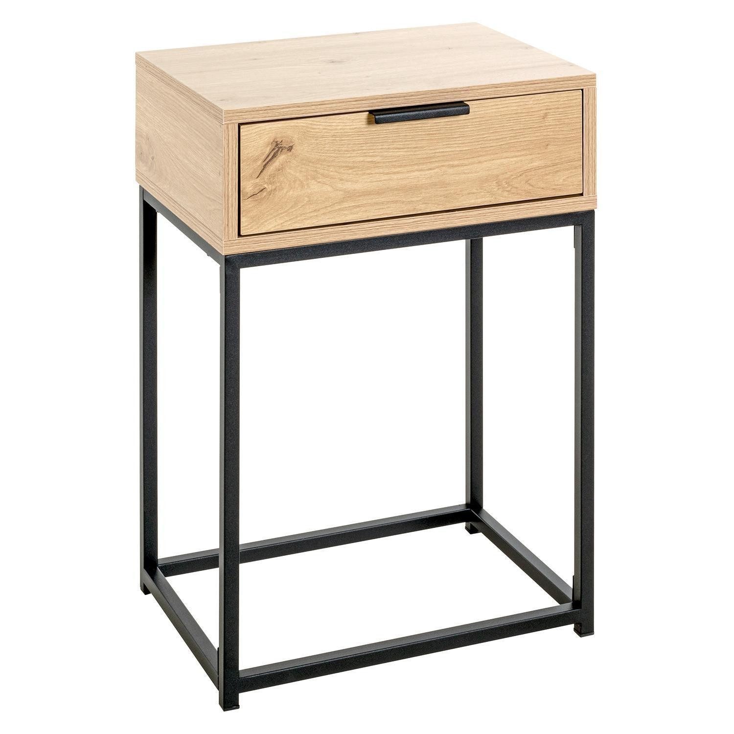 HAKU Nachttisch Eiche Dekor, Schwarz, Metallgestell, 1 Schublade, B 40 x H 60 x T 28 cm