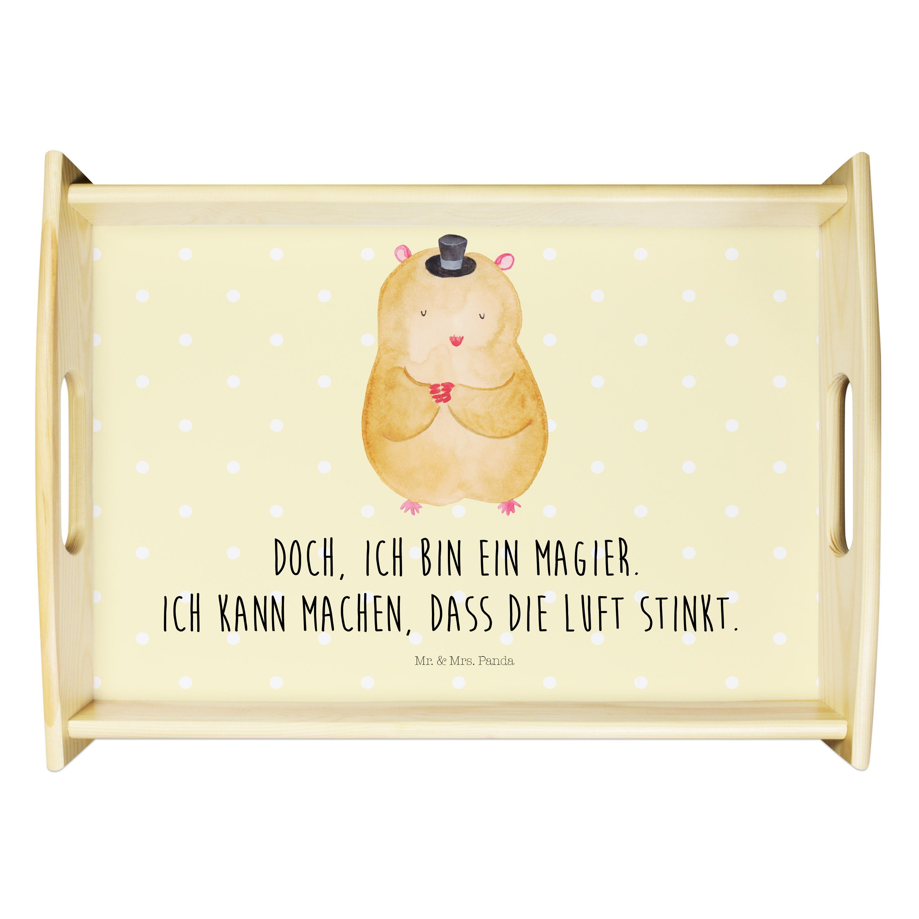 Mr. & Geschenk, Mrs. Gute Tablett, Echtholz Panda mit Tablett Gelb - Pastell lasiert, Hamster (1-tlg) Laune, Hut - Houdi