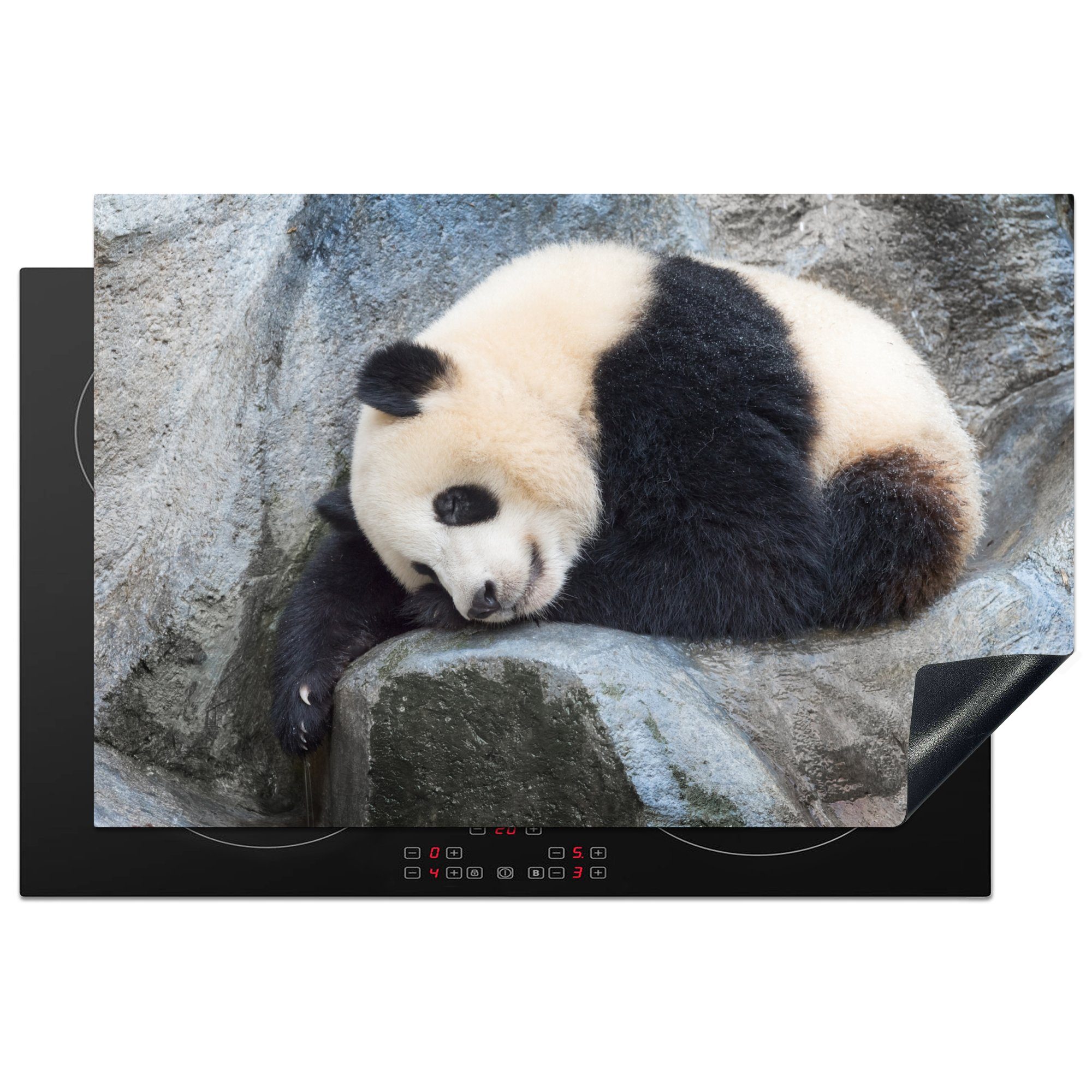 MuchoWow Herdblende-/Abdeckplatte Panda - Schlaf - Stein, Vinyl, (1 tlg), 81x52 cm, Induktionskochfeld Schutz für die küche, Ceranfeldabdeckung