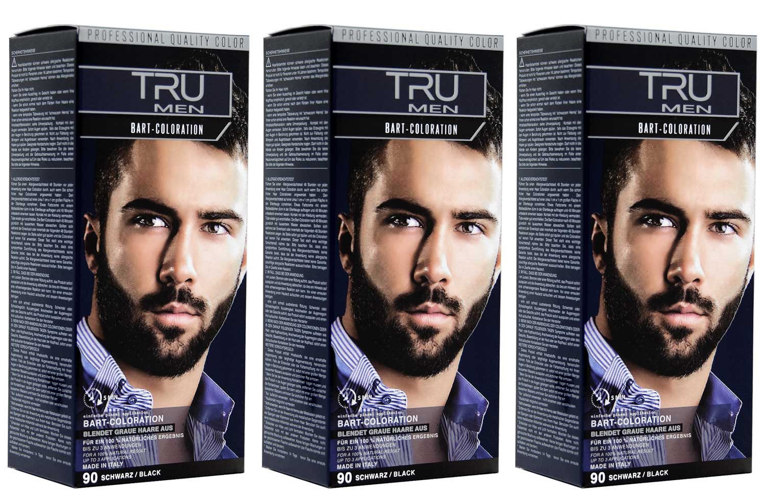 TRU Bartfarbe 3x TRU MEN Bart-Coloration Farben (3´er Pack) 90 - Schwarz, Spar-Set, 3-tlg.