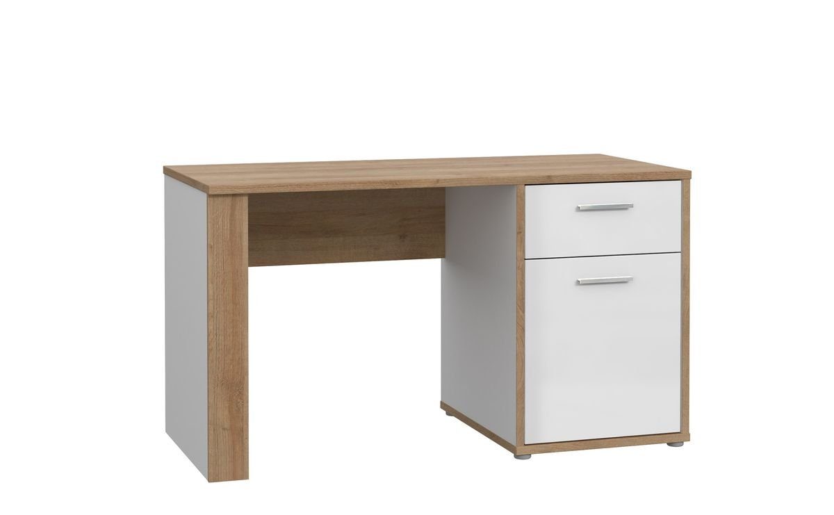 expendio Schreibtisch Clay 5, weiß Hochglanz / Riviera Eiche Nb. 130x74x60 cm mit 1 Schubkasten