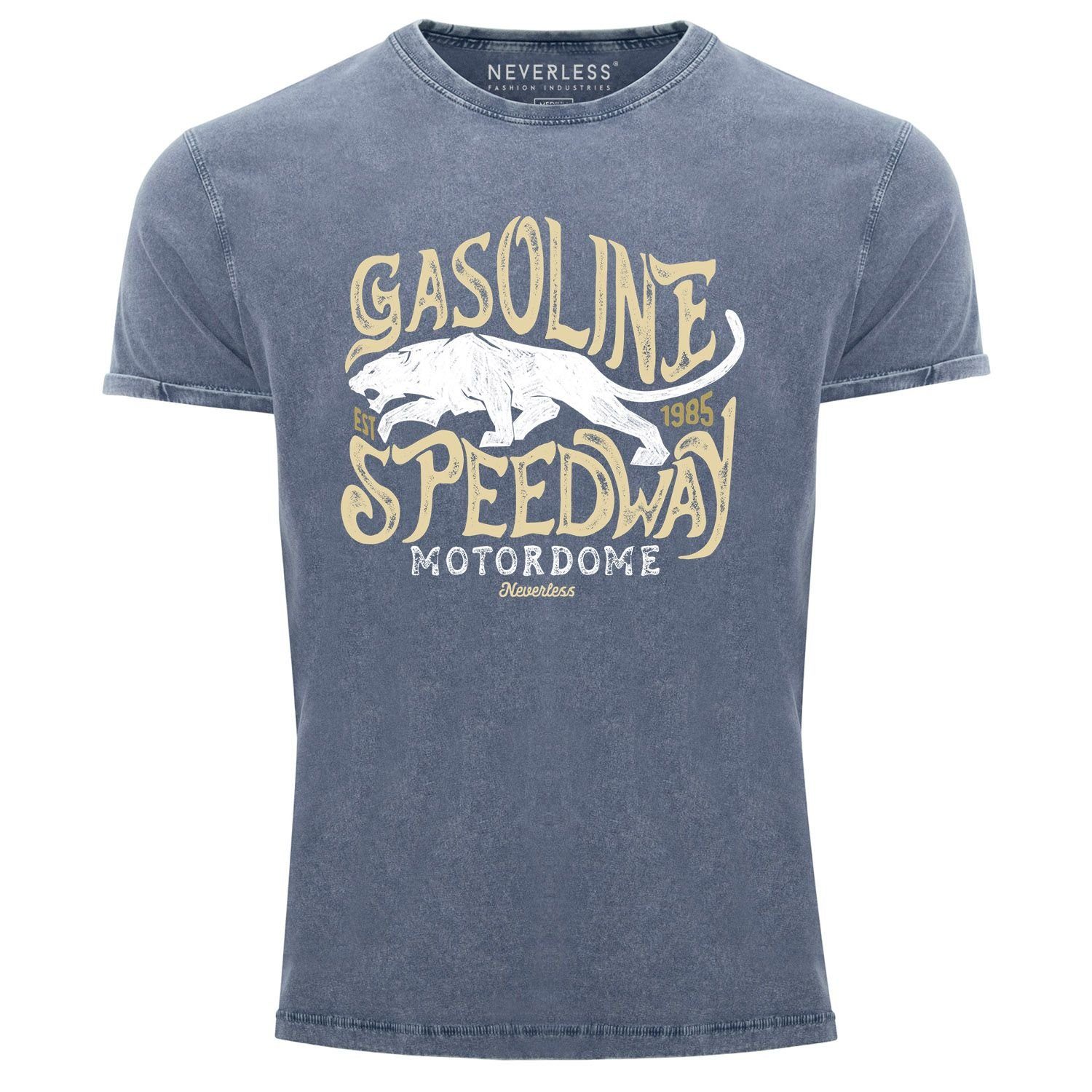 Neverless Print-Shirt Neverless® Herren T-Shirt Vintage Shirt Printshirt Gasoline Speedway Panther Motiv Used Look Slim Fit mit Print blau