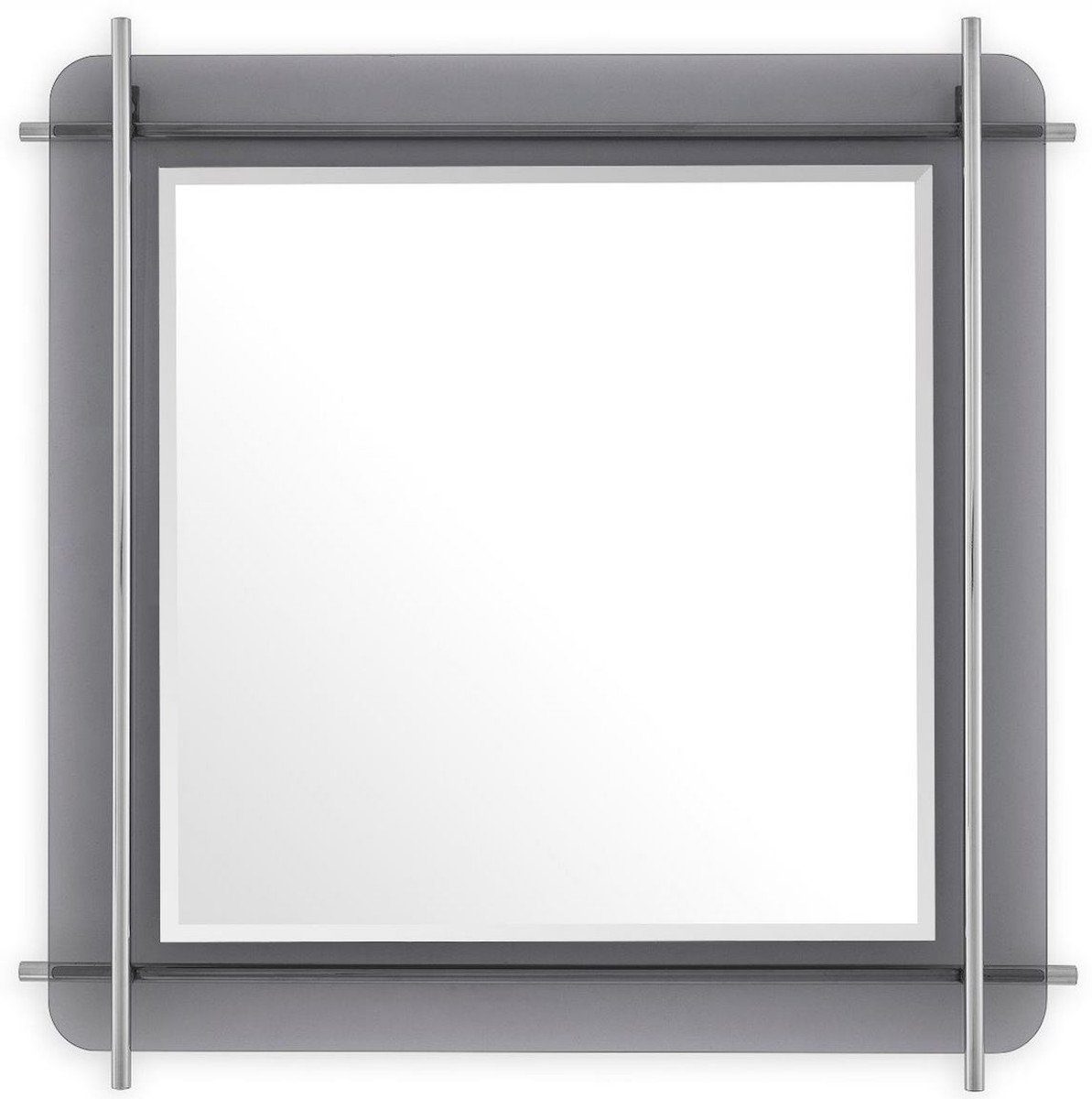 Casa Padrino Spiegel Luxus Spiegel Silber / Grau 85,5 x 5 x H. 85,5 cm - Quadratischer Wandspiegel mit grau getöntem Glasrand und Edelstahl Stangen - Luxus Kollektion