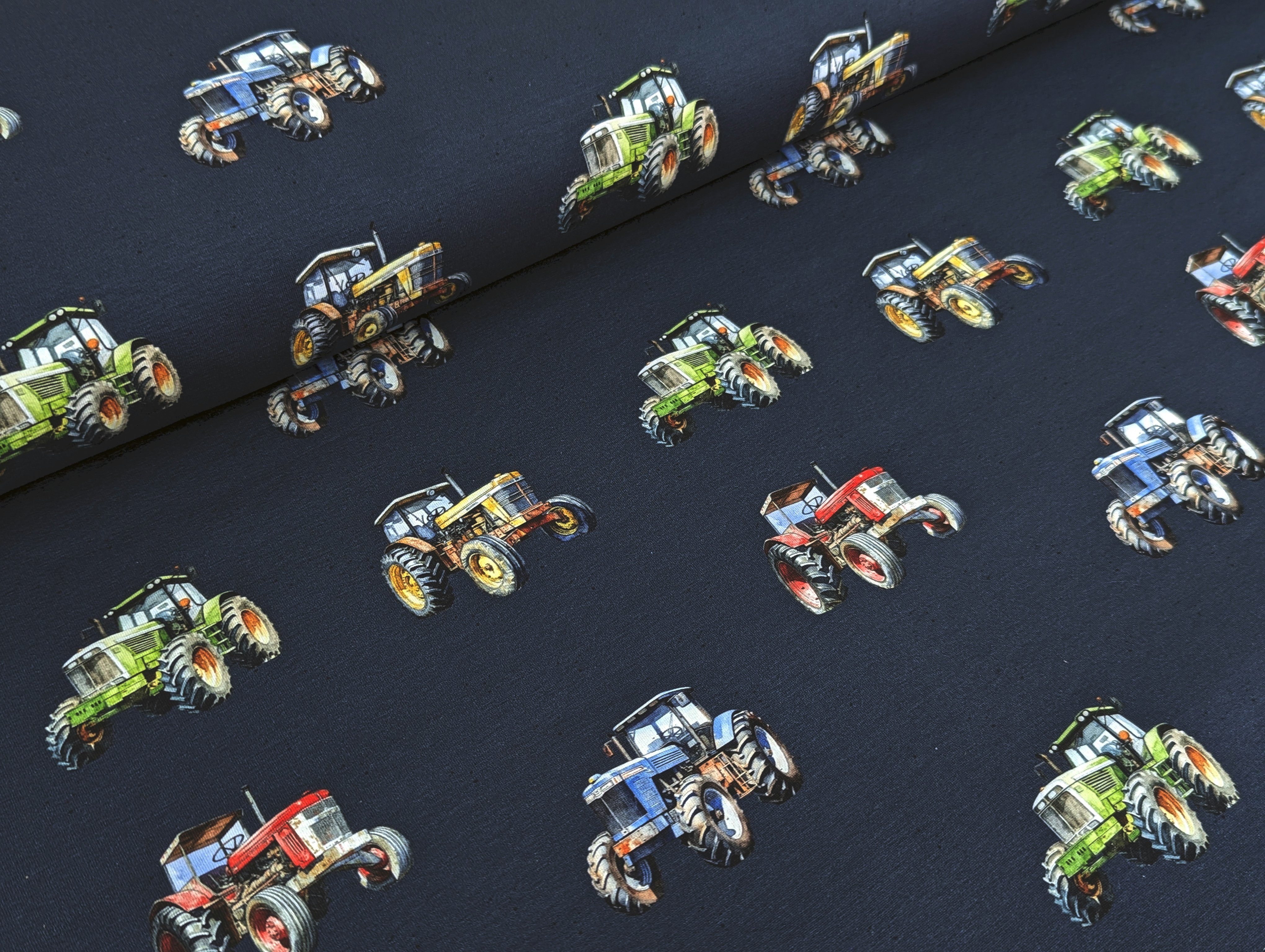 Corileo Stoff EP Baumwolljersey Traktoren Farm auf Nachtblau Stoff Meterware