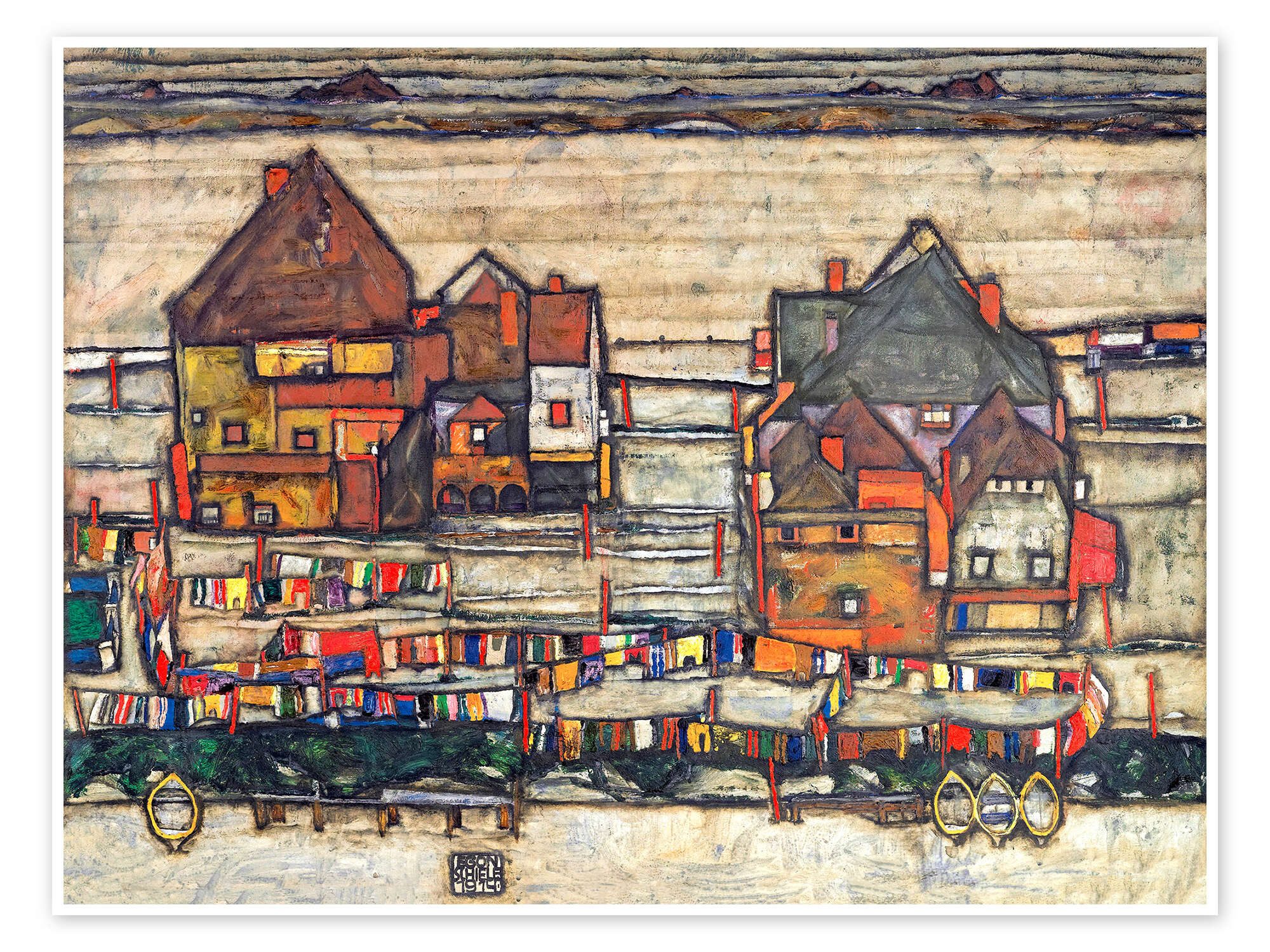 Posterlounge Wandbild Häuser mit bunter Wäsche (Vorstadt II), Egon Schiele, erhältlich als Poster, Leinwandbild, Wandsticker oder Acrylglasbild
