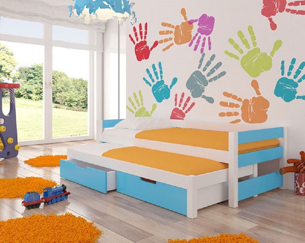 Feldmann-Wohnen Kinderbett FRAGA (mit 2 Schlafgelegenheiten), Farbe wählbar Kiefer weiß / Absetzungen: blau