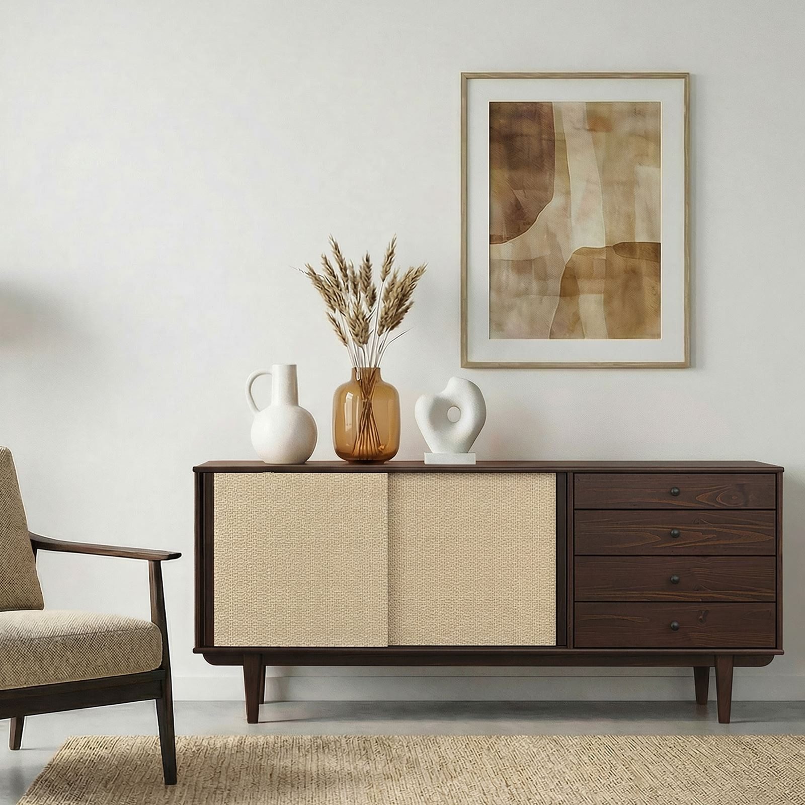 IDIMEX Sideboard SIMONA, Anrichte Kommode Rattan Geflecht Schiebetüren 4 Schubladen Massivholz