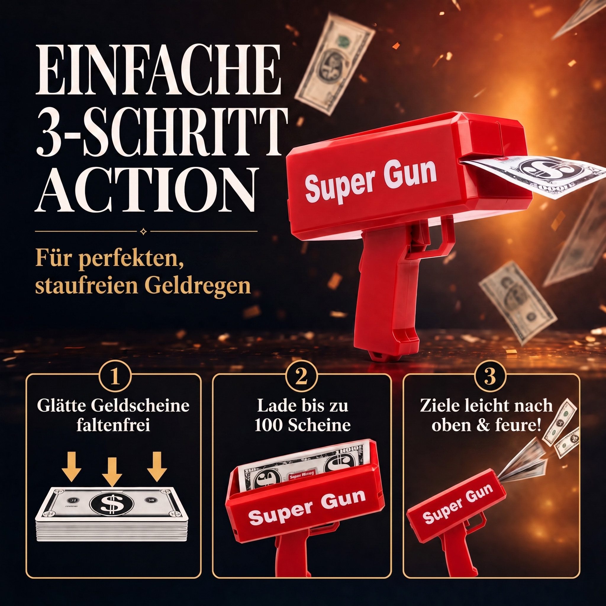 Goods+Gadgets Spielgeld GOODS+GADGETS Super Money Gun–Spielgeld Waffe & Cash-Shooter für Spaß, Spielzeug Geld Pistole Party Revolver