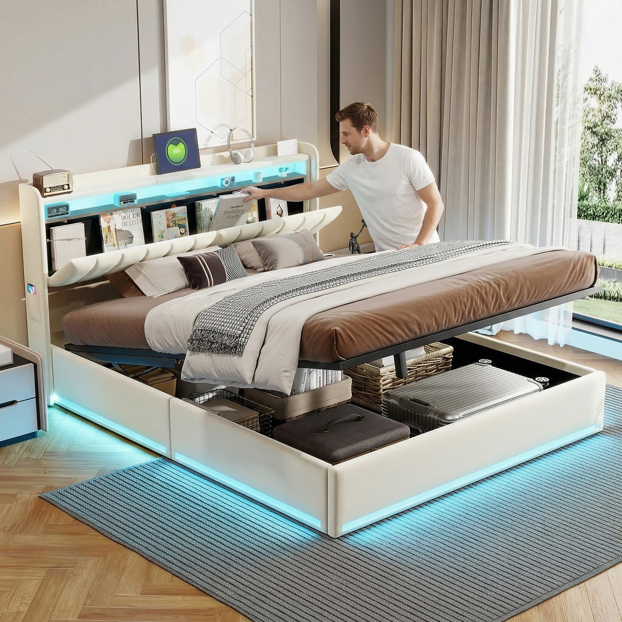 Gdood Polsterbett Stauraumbett Doppelbett LED (Type-C + USB, Hydraulisch hebbarer Stauraum), Mit Bettkasten, LED-Beleuchtung, USB-Anschluss, 160x200 cm