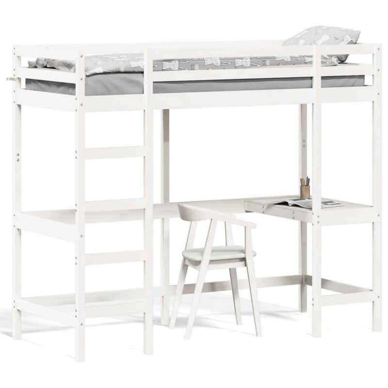 vidaXL Bett Hochbett mit Schreibtisch Weiß 75x190 cm Massivholz Kiefer