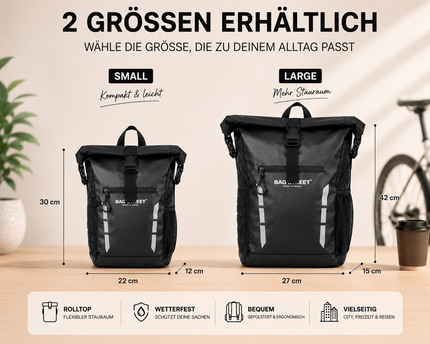 BAG STREET INTERNATIONAL Cityrucksack Wasserdichter Rolltop Kurier Rucksack gepolstert Brust- und Hüftgurt, wasserdicht