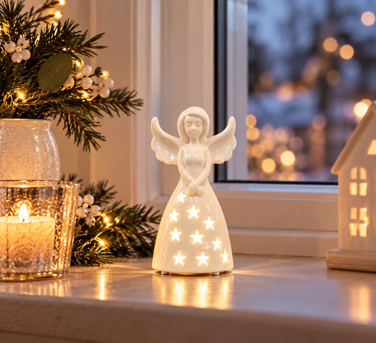 TIZIANO - DESIGN & EMOTIONS LED-Dekofigur Engel Farina LED mit Timer, Keramik cremeweiß, 14–25 cm