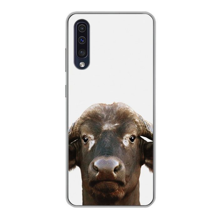MuchoWow Handyhülle Büffel - Wasserbüffel - Kopf - Kuh - Hörner - Jungen - Mädchen Handyhülle Samsung Galaxy A30s Smartphone-Bumper Print Handy