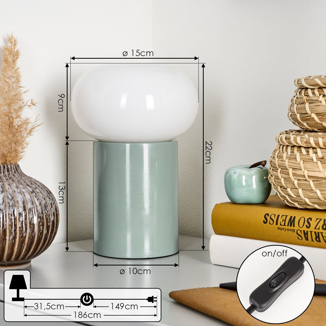 hofstein Tischleuchte moderne Nachttischlampe aus Metall/Glas in Türkis/Weiß, ohne Leuchtmittel, runde Tischlampe, Ø 15cm, Höhe 22cm, mit An-/Ausschalter, 1 x E27