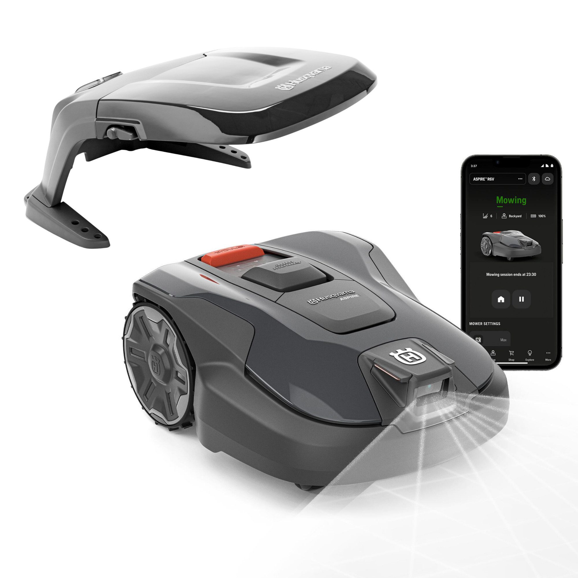 Husqvarna Rasenmähroboter Automower® Aspire R6V, bis 600 m² Rasenfläche, ohne Begrenzungskabel, AI Vision, GPS-Navigation, WLAN, inkl. Garage