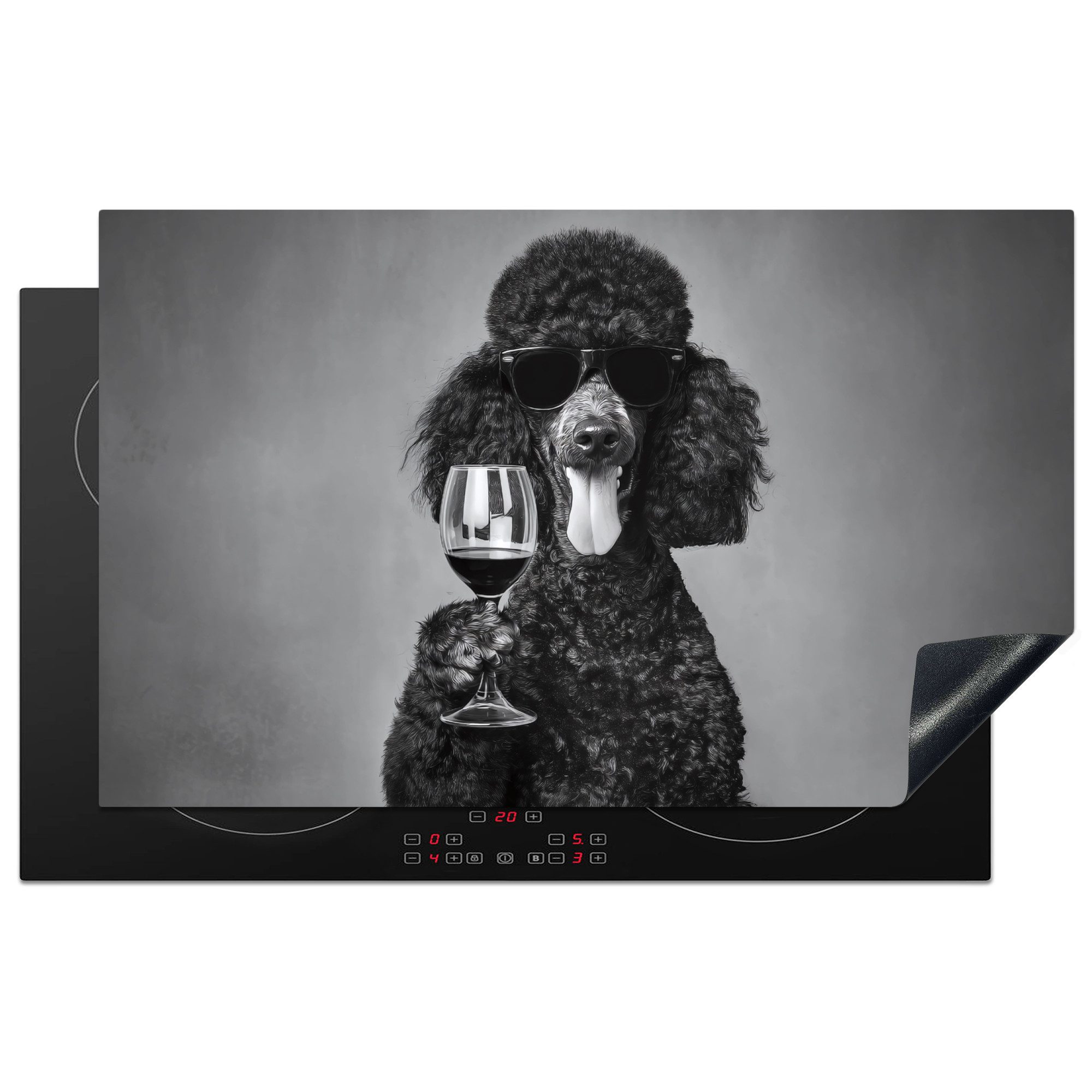 MuchoWow Herd-Abdeckplatte Hund - Locken - Sonnenbrille - Wein, Vinyl, (1 tlg), Herdabdeckplatten für Ceranfeld, Induktionsschutz, 80x50 cm