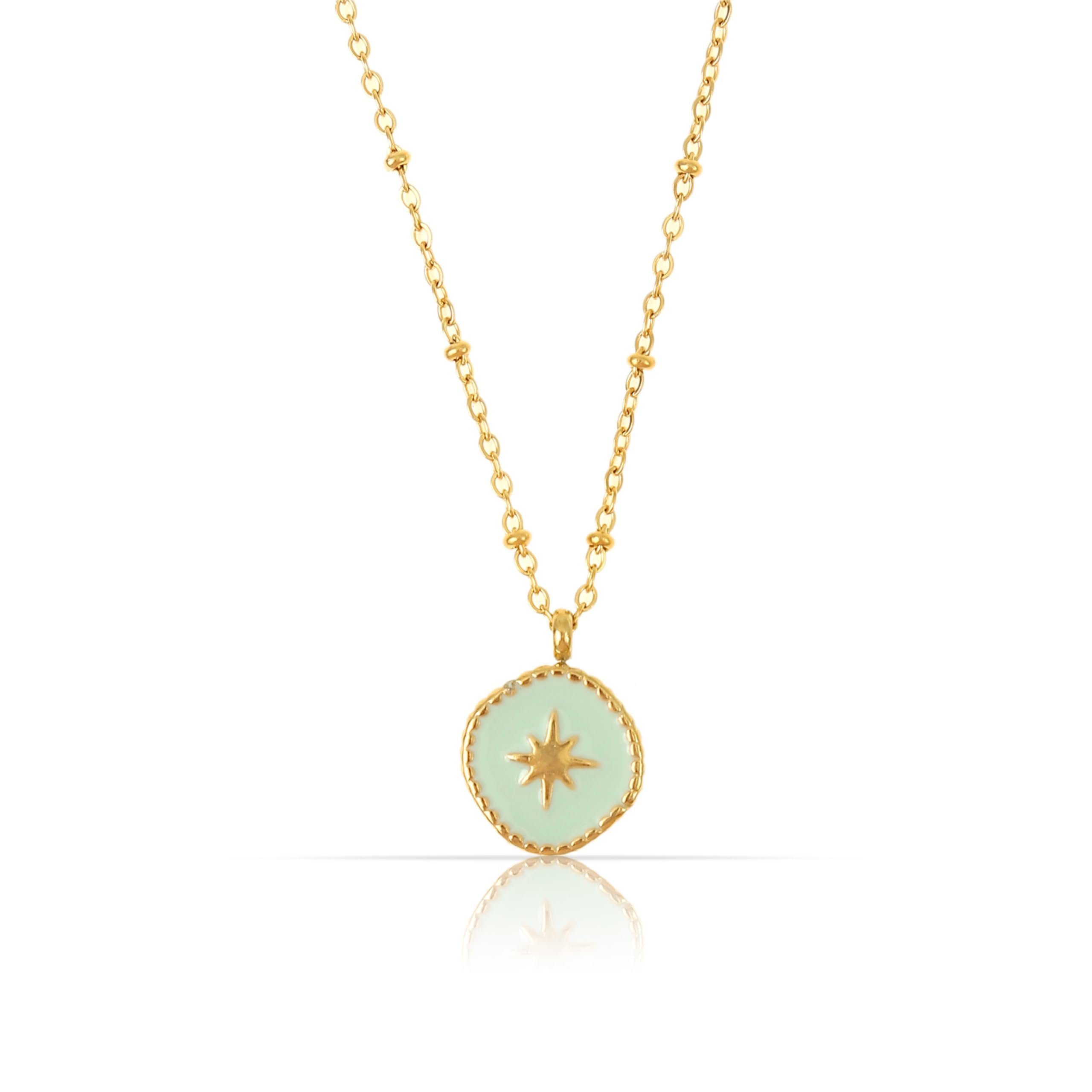 Made by Nami Kette mit Anhänger Edelstahl Kette Damen in Gold mit Türkiser Münze und Goldenem Stern, Geschenk für Frauen oder beste Freundin 40 + 5 cm Länge