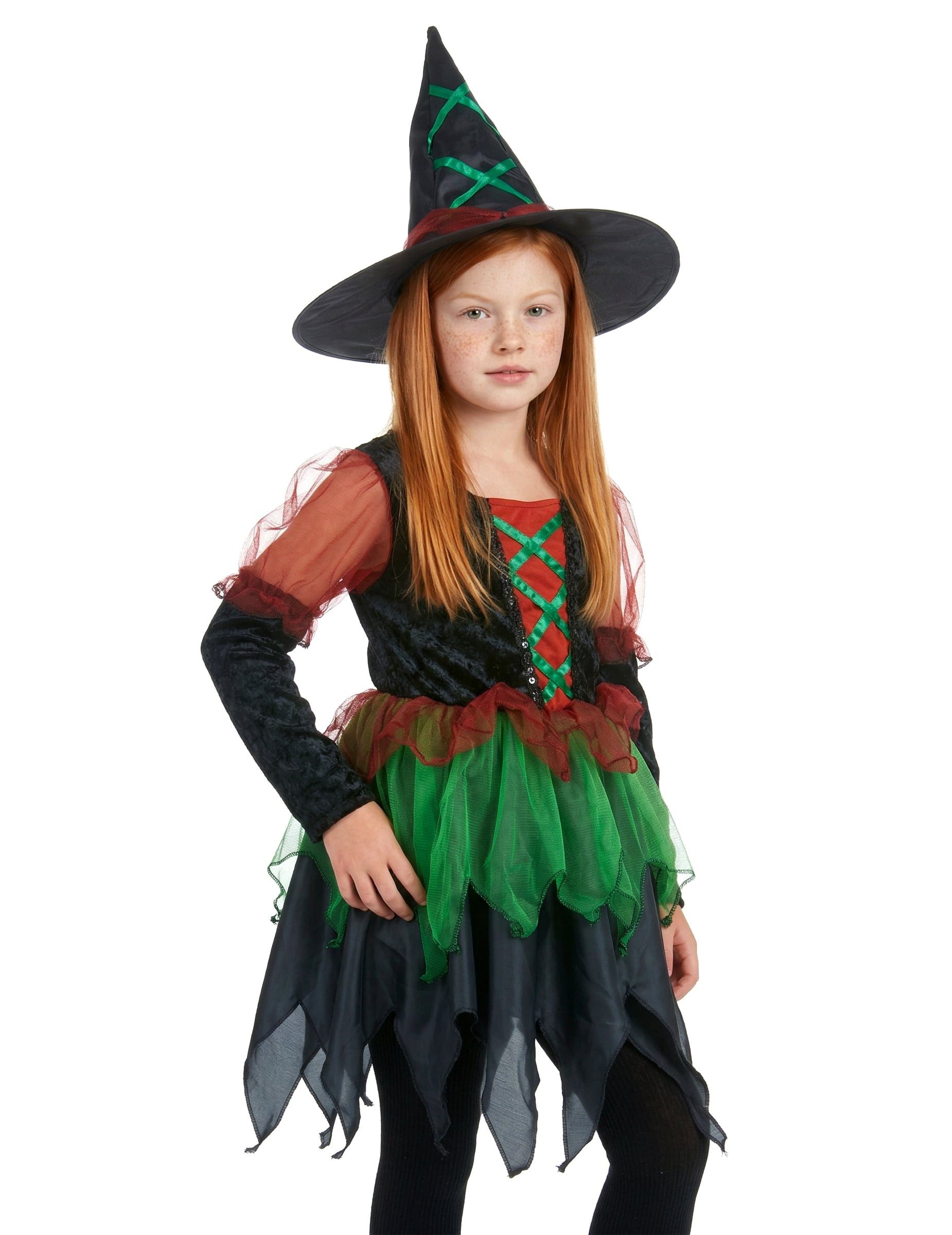 JADEO Kostüm Freches Hexen-Kostüm für Mädchen Halloween-Kostüm schwarz-rot-grün