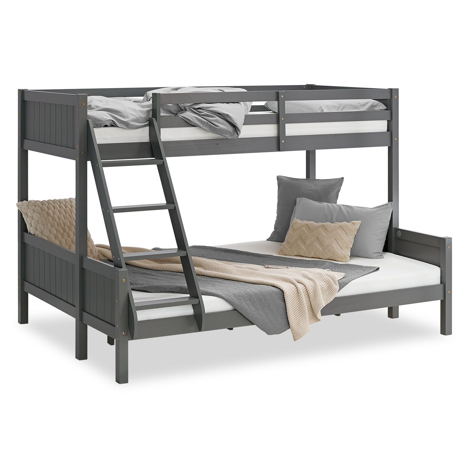 Homestyle4u Etagenbett 90x200 und 140x200 Kinderbett Holz 2 Kinder Massiv mit Rausfallschutz (Set, mit Lattenrost), Grau, mit Leiter