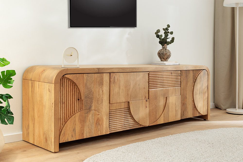 riess-ambiente ART DECO 170cm beige - Mangoholz, Massiv, cream finish, abgerundet (Einzelartikel, 1 St), TV-Board mit 3D-Front - ideal für Wohn- & Schlafzimmer oder TV-Ecke