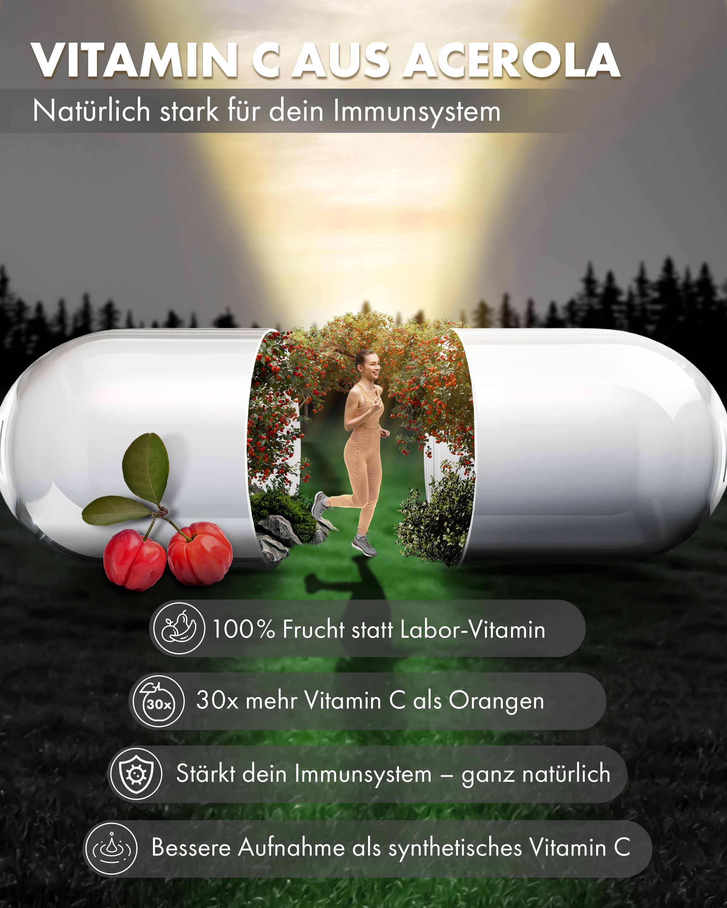 NEOLYMP Natürliches Vitamin C aus Acerola – Hochdosiert & vegan – 180 Kapseln Kapseln, Vitamin C für 6 Monate – gut verträglich – in Deutschland produziert