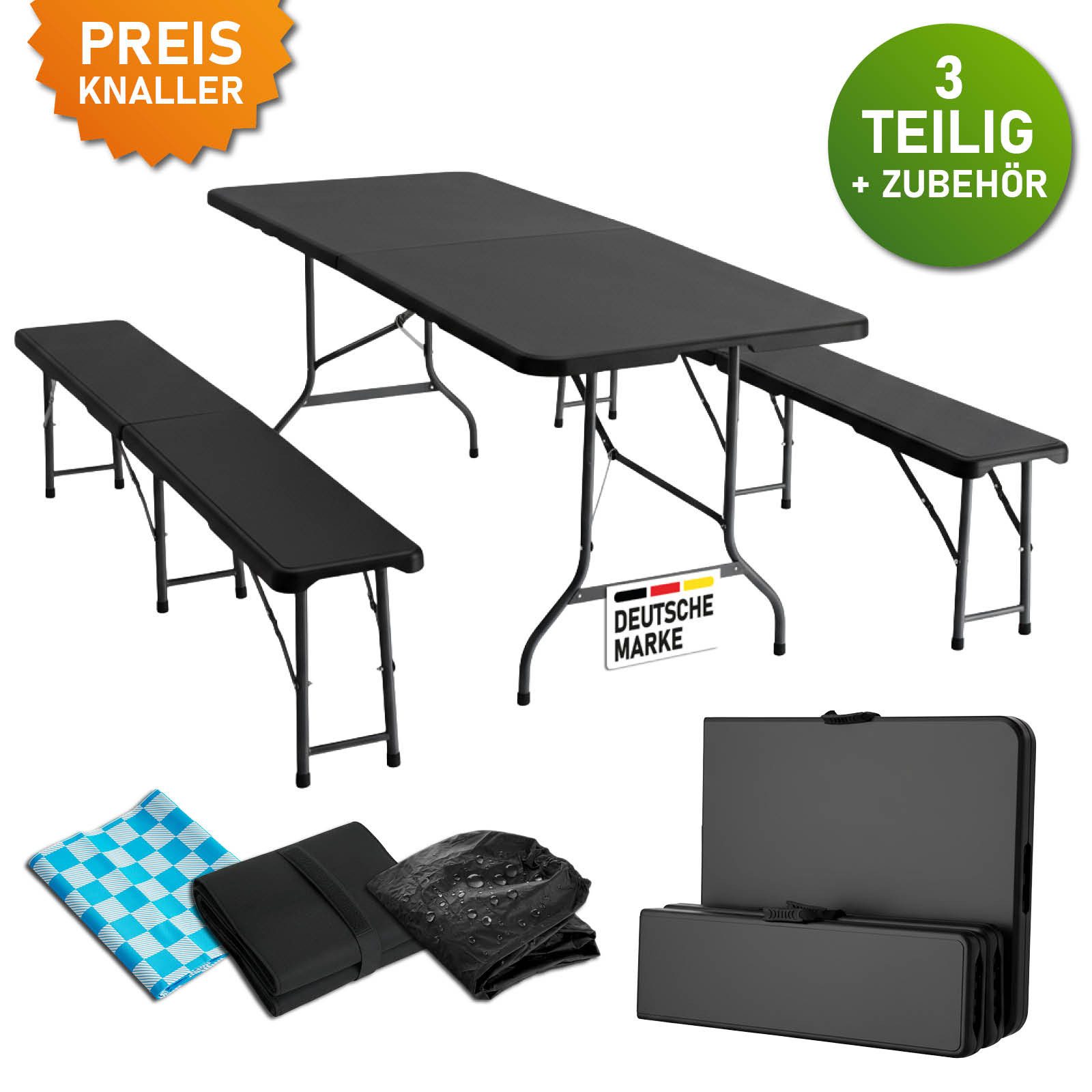 BRAST Bierzeltgarnitur Festzeltgarnitur Josef, 3er Set klappbar, inkl. Zubehör, (1x Tisch & 2x Sitzbänke, für bis zu 10 Personen), Einrastsystem & Tragegriffe