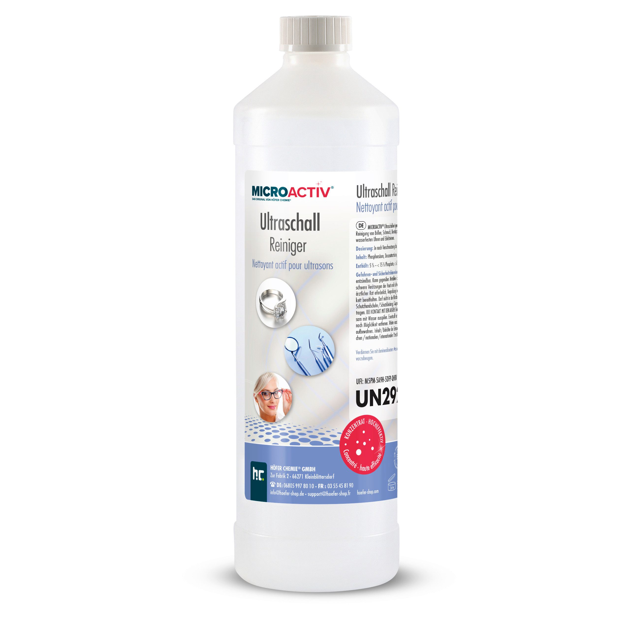 Höfer Chemie GmbH 1 L Microactiv® Ultraschallreiniger für Ultraschallbad Grundreiniger (Gründliche Reinigung für Schmuck und Geräte)