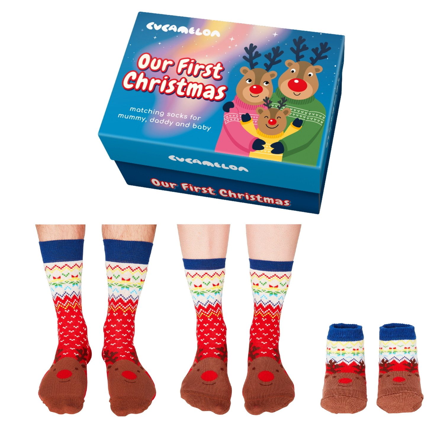 Cucamelon Freizeitsocken Unser 1. Weihnachten Rentier Cucamelon Socken für Vater Mutter & Baby