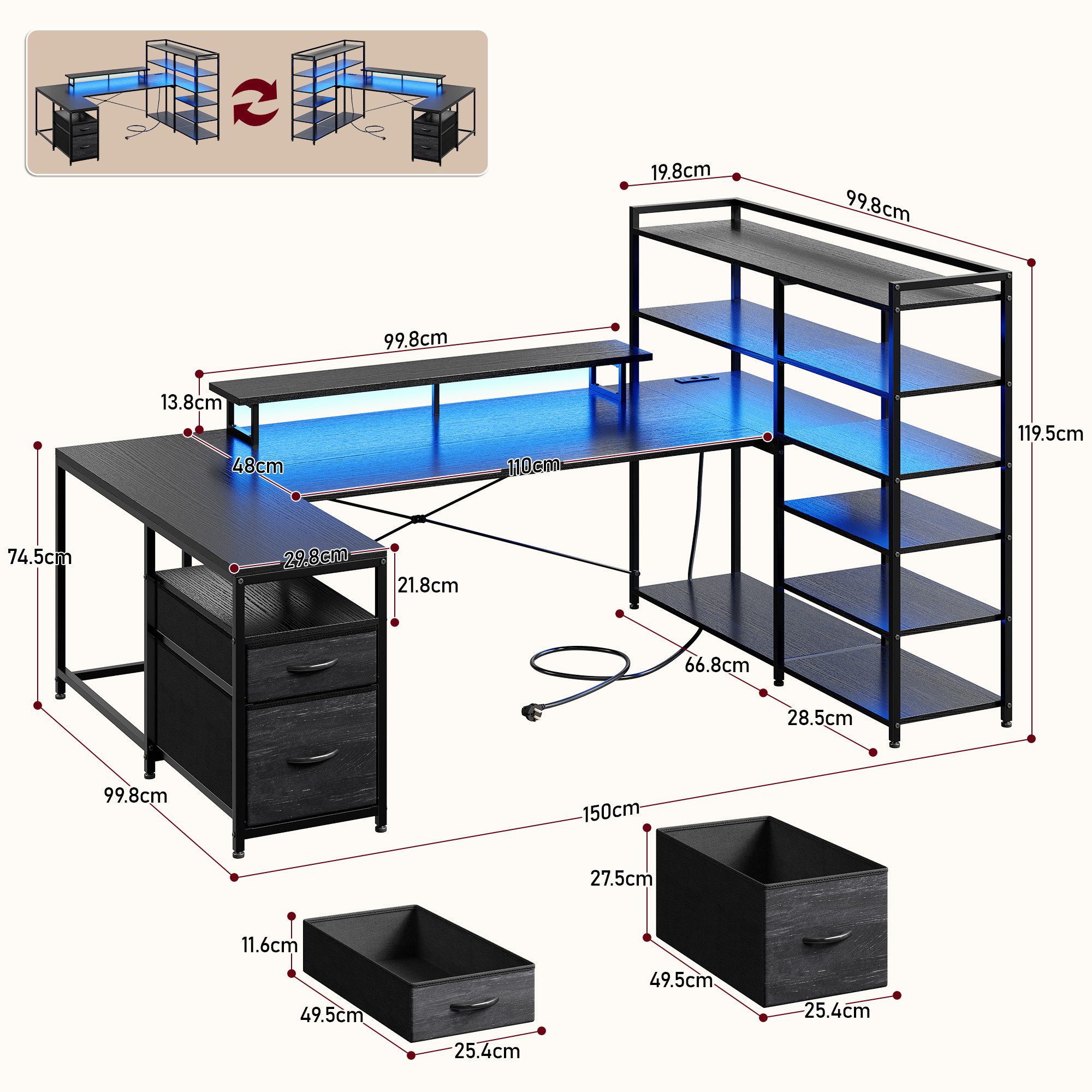 Klyvvo Eckschreibtisch U-Form Schreibtisch mit LED, 2 Schubladen & 6 Regalen (1-St., Monitorhalterung, Steckdosen), Großer Schreibtisch für Homeoffice, Studieren, Gaming