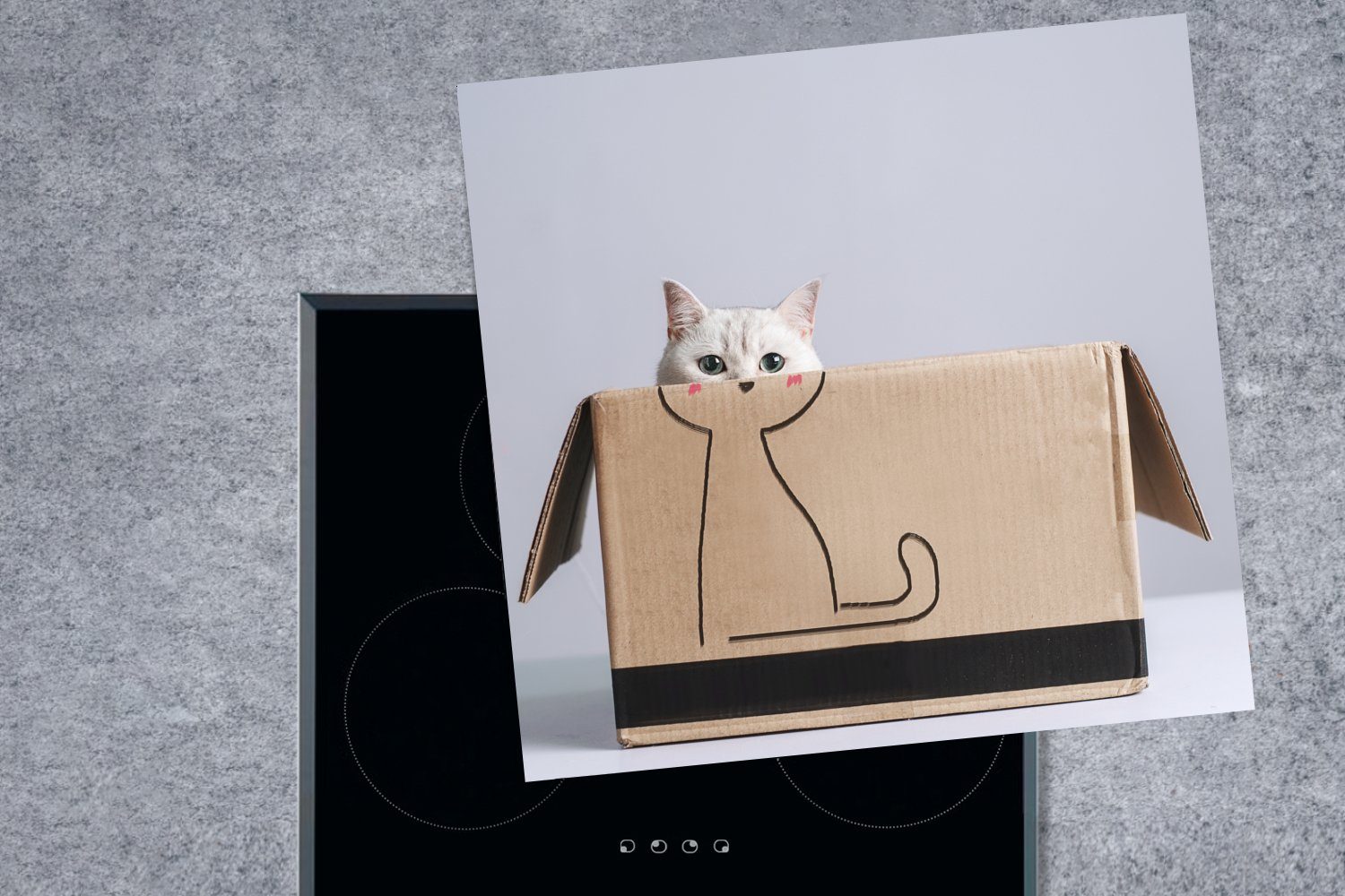 MuchoWow Herdblende-/Abdeckplatte Katze in Pappkarton Vinyl, gezeichnetem 78x78 Ceranfeldabdeckung, küche Arbeitsplatte (1 Katzenkörper, darauf cm, mit für tlg)