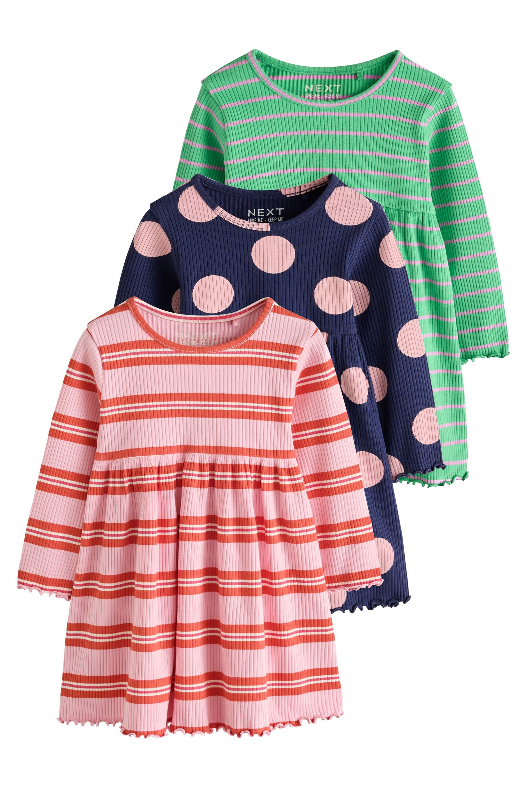 Next Shirtkleid Gerippte Kleider mit langen Ärmeln im 3er-Pack (3-tlg)