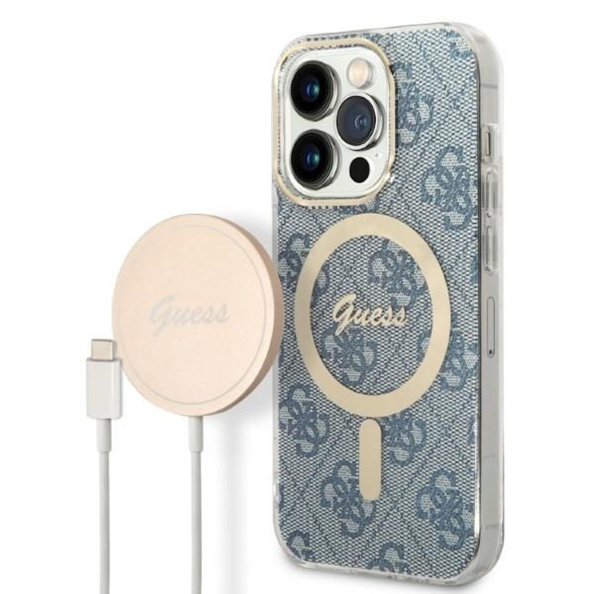 Handyhülle GUESS Schutzhülle für Apple iPhone 14 Pro Hard Case 4G Print MagSafe Cover Etui Blau