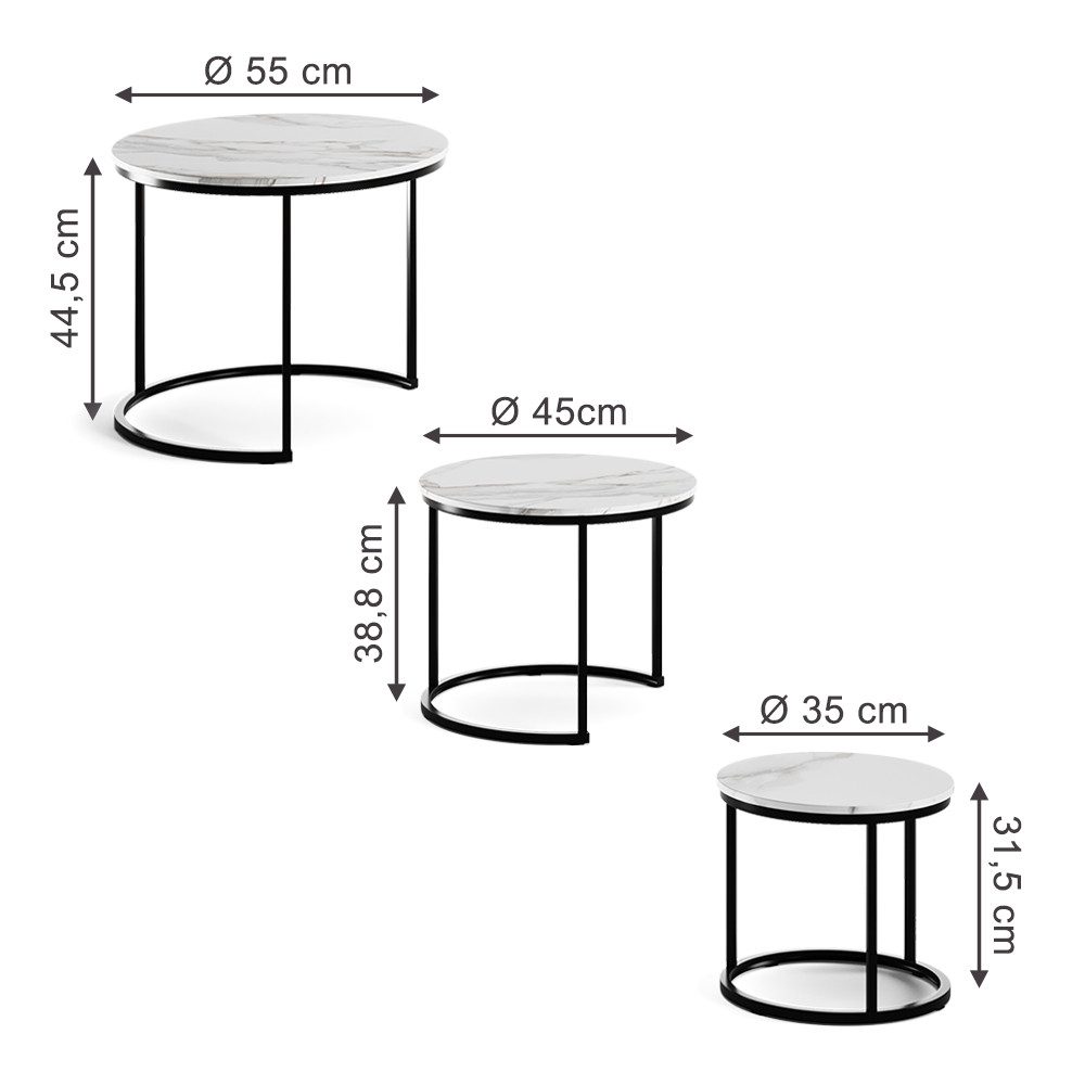 Vicco Couchtisch Montreal, Weiß/Schwarz/Schwarz, 55 x 55 cm 3 Teile (3-St)