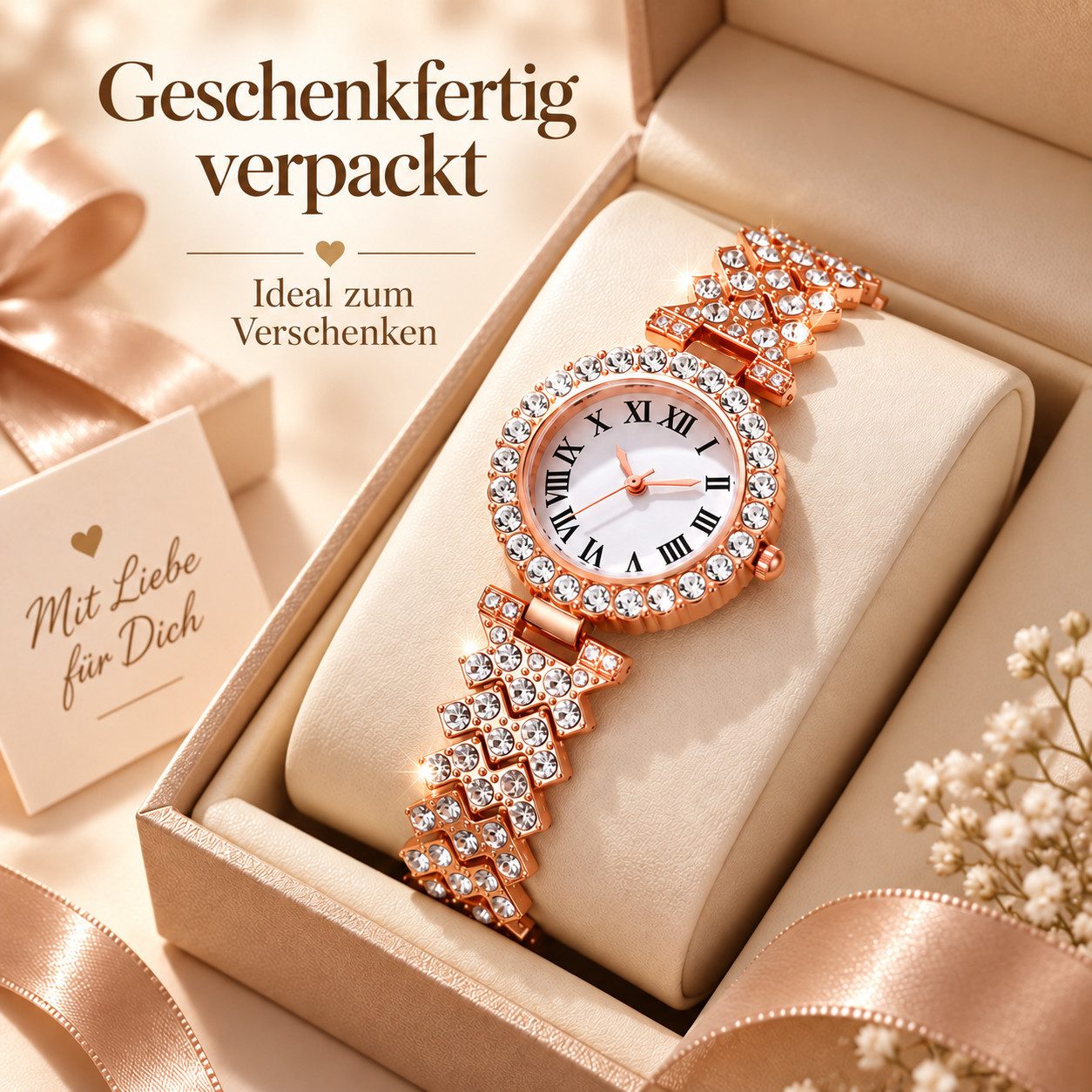 VEKROBOT Quarzuhr Damen Uhren Set mit Strasssteinen, Quarzuhr im Schmuckdesign, (Set, 1-tlg., Hinweis: Leichte Maßabweichungen durch manuelle Messung möglich),  – Bild 3 von 5