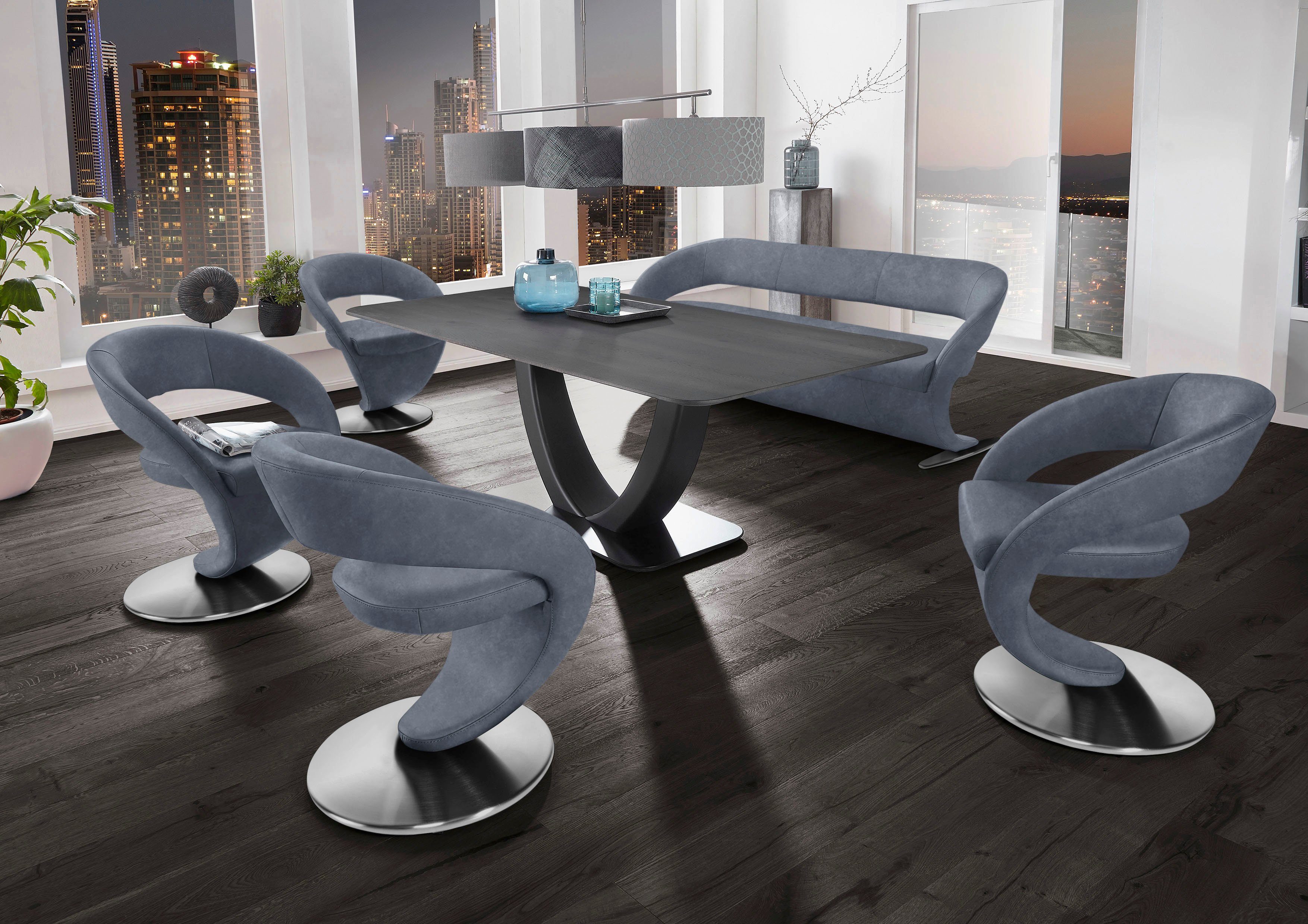 Tisch Wohnen und 4 (Set), 180x90cm Wave, & Essgruppe in Design-Solobank mit Komfort Design-Drehstühlen K+W