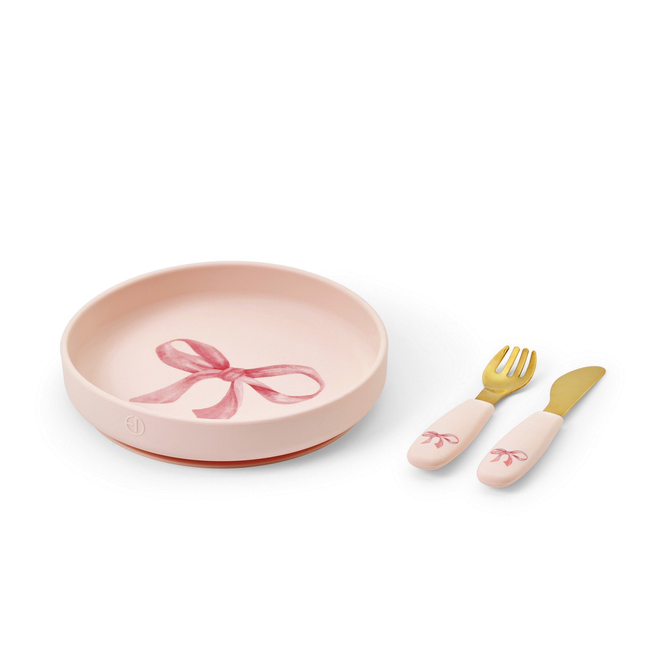 Elodie Kindergeschirr-Set Elodie Teller und Besteck, 3 Teile - Rosy Bow (3-tlg), 1 Personen, Silikon