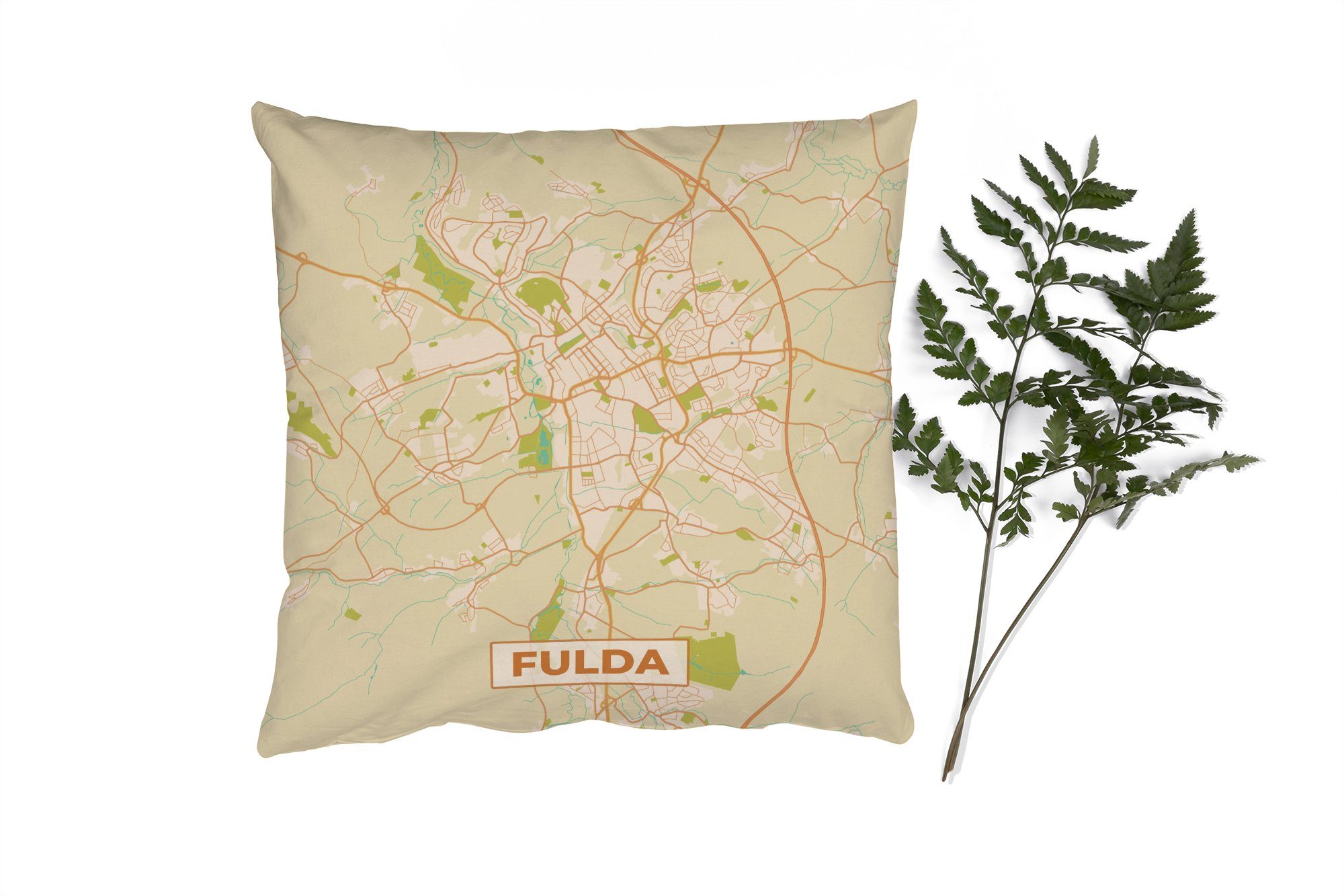 Stadtplan Karte Fulda Schlafzimmer, Deko, mit Zierkissen Dekokissen Wohzimmer, für Vintage, - Karte Füllung - Sofakissen - - MuchoWow