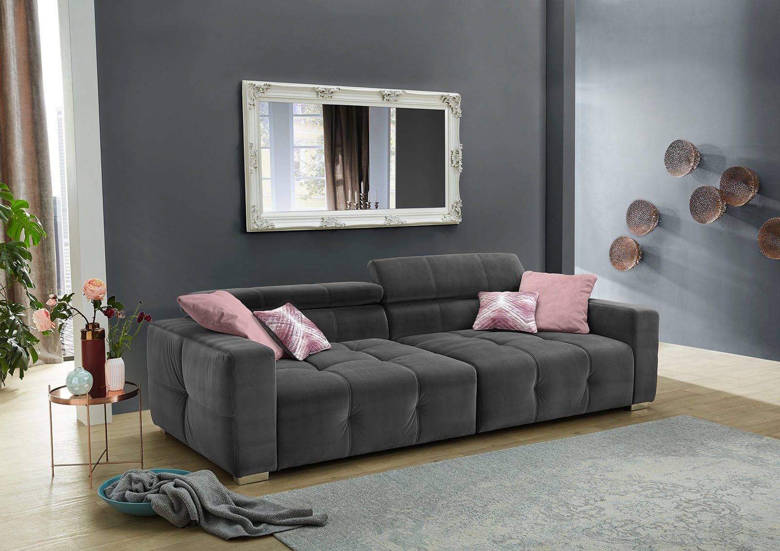 Jockenhöfer Gruppe Big-Sofa Trento, mit Wellenfederung, Sitzkomfort und mehrfach verstellbare Kopfstützen grau