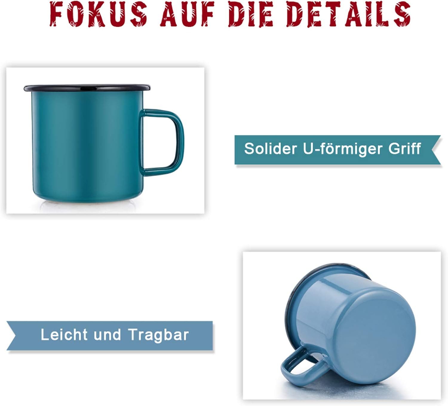 FELIXLEO Geschirrständer Emaille Tasse 4er Set 350ml Kaffee Tee Trinkbecher Bunt